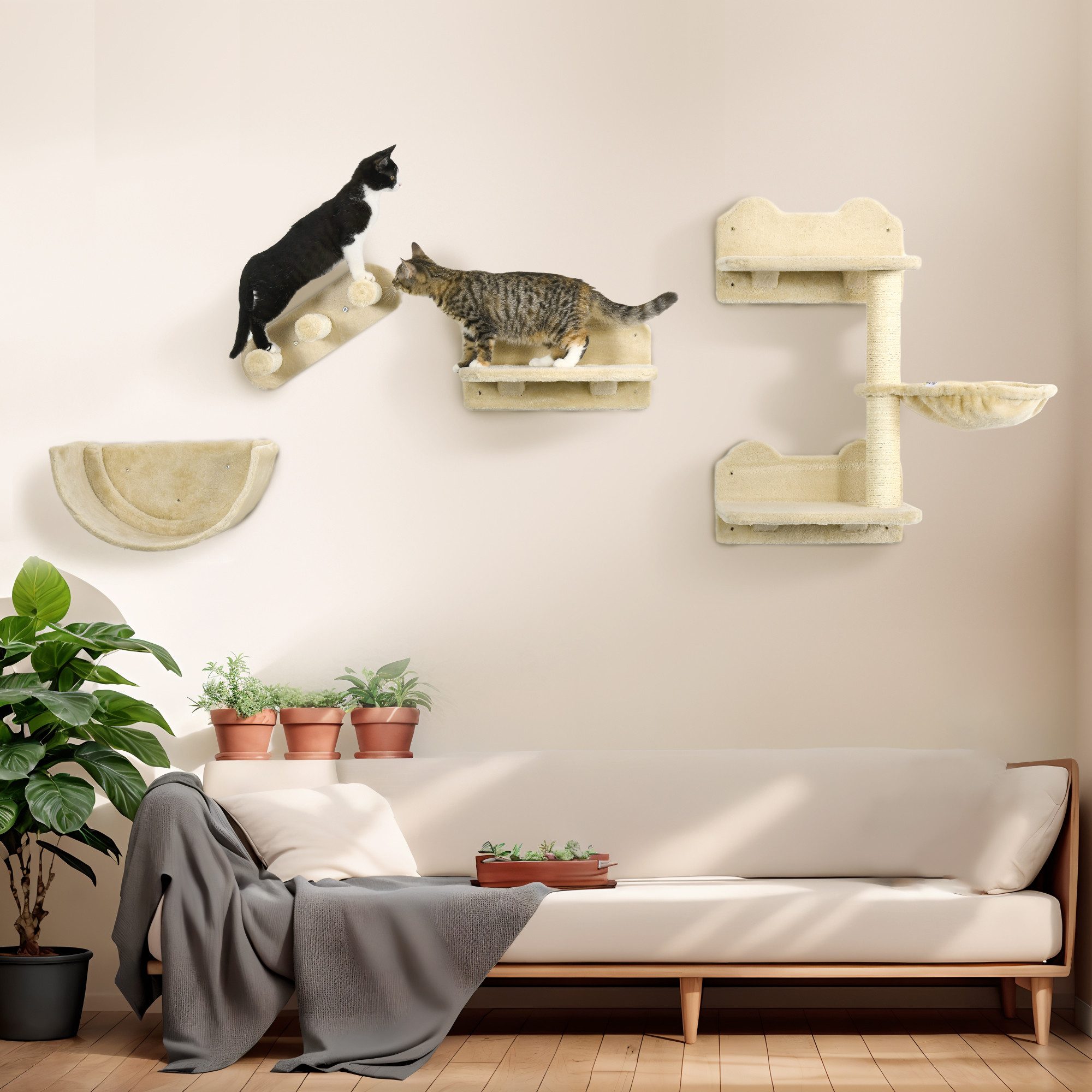PawHut Katzen-Kletterwand 4-teilig Set mit Kaztentreppe, Katzenbrücke, für Katzen bis 5 kg, Polyester, beige