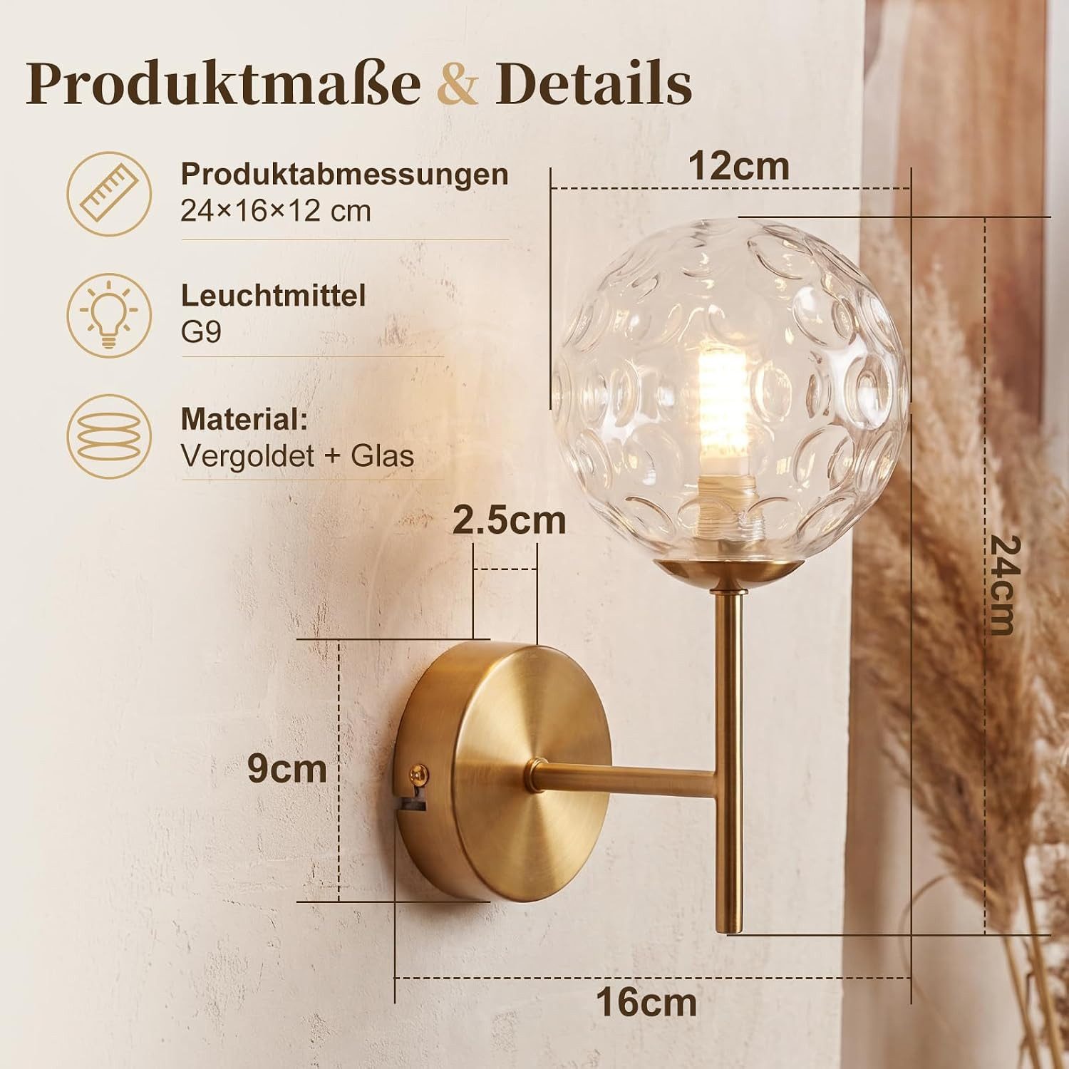 ZMH Wandleuchte T-förmige Wandlamp in Gold-Optik, klares Glas, Augenschutz, ohne Leuchtmittel, Goldene Kugelglas, G9-Fassung, sanftes dekoratives Licht.