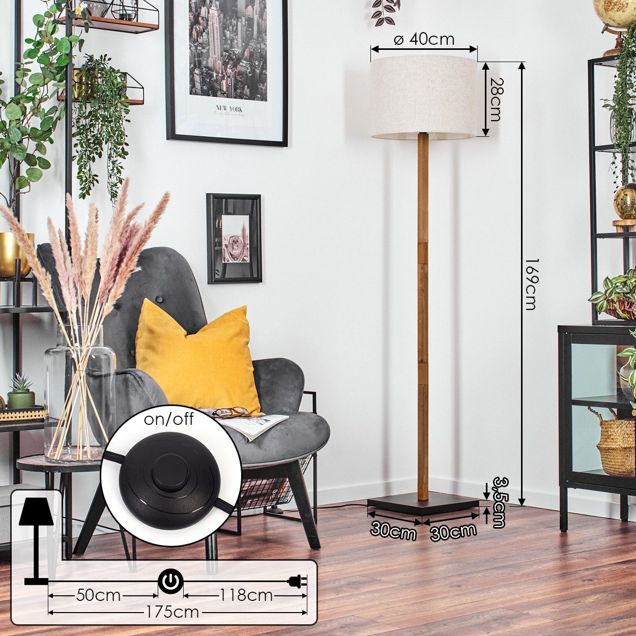 hofstein Stehlampe Stehlampe mit Holzfuß und Schirm aus Stoff, ohne Leuchtmittel, Boho-Style, skandinavisches Design (40 cm), Fußschalter, 1 x E27 – Bild 4 von 5