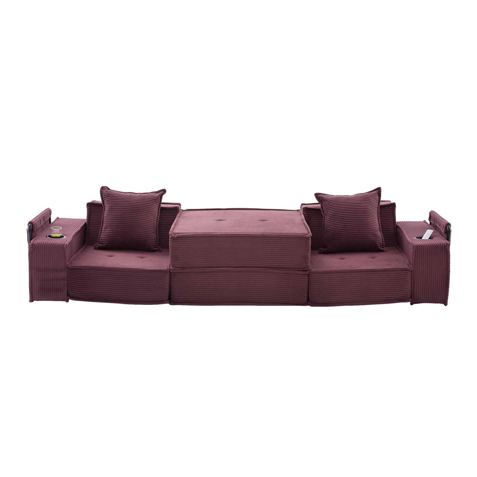 BlingBin Schlafsofa 2-Sitzer Schlafsofa mit Hocker & Stauraum, Cord/Chenille Stoff, inkl. 2 Kissen, Getränkehalter & Seitentaschen 1 Teile, mit Klapp-Liegefläche 162×156 cm, Tragfähigkeit 300 kg – Cozy Nook