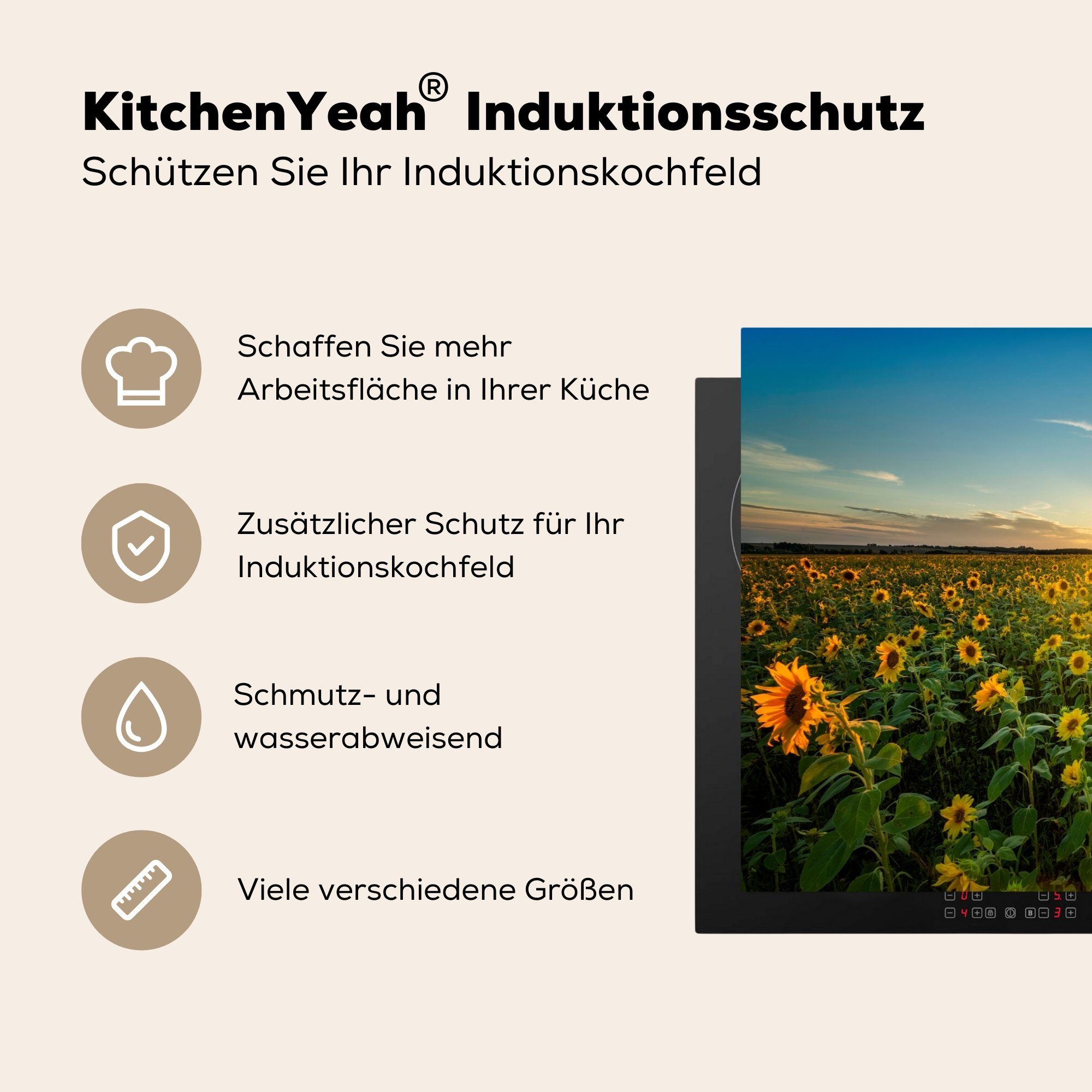 Schutz Sonnenblume - Landschaft, MuchoWow - cm, küche, Blumen tlg), die für Horizont Sonnenuntergang (1 Vinyl, Ceranfeldabdeckung 81x52 Herdblende-/Abdeckplatte - - Induktionskochfeld