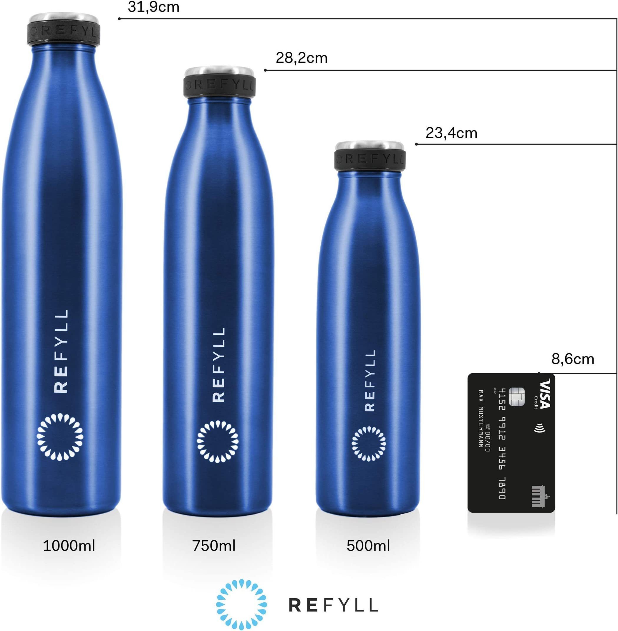 doppelwandiger & 500ml, REFYLL mit Auslaufsicher Trinkflasche 750ml, Vakuum Isolierung isoliert, - Thermoflasche Blau - 1l Thermosflasche "dailyFYLL"