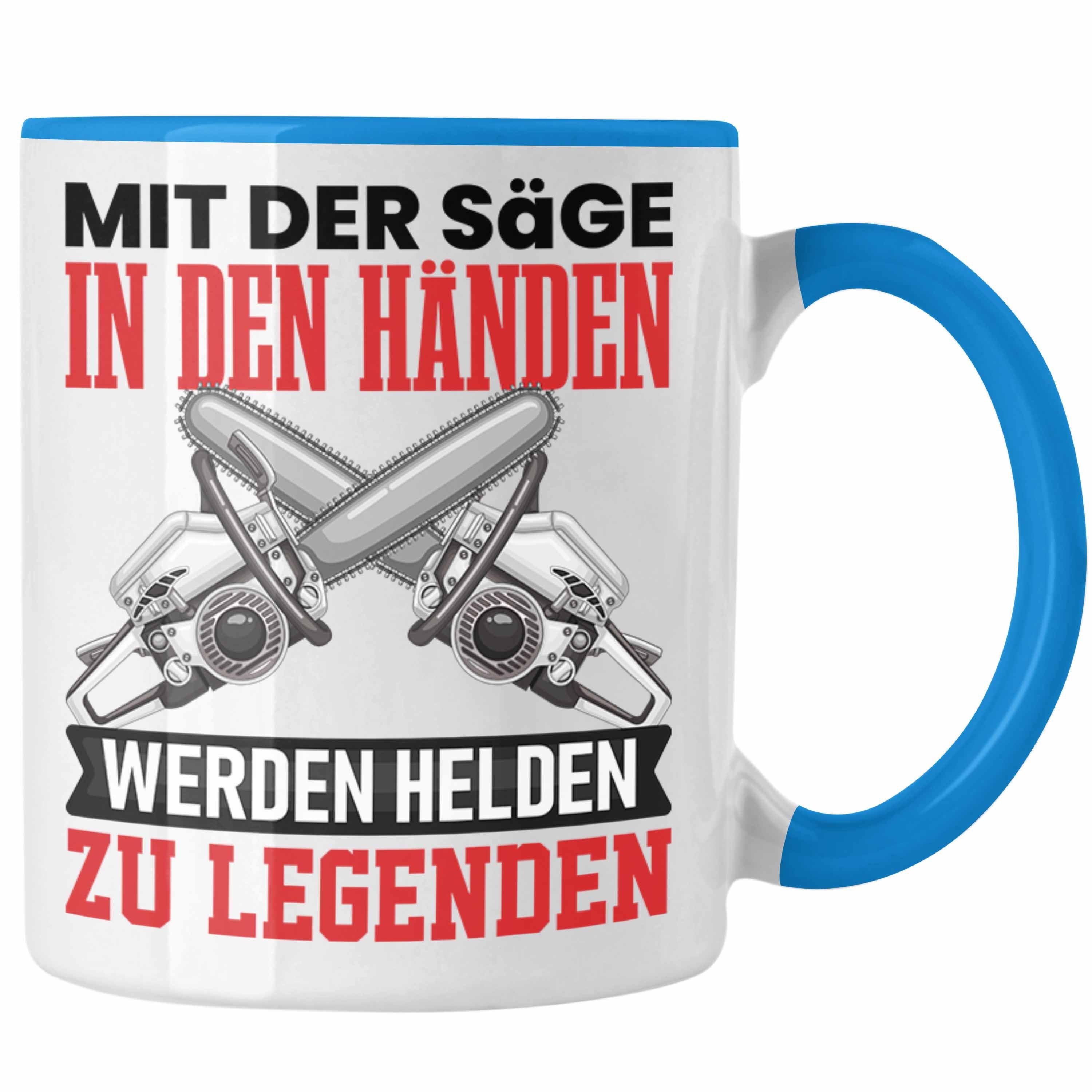 Trendation Tasse Waldarbeiter Tasse Geschenk Blau Waldarbeiter Geschenkidee Holzfans