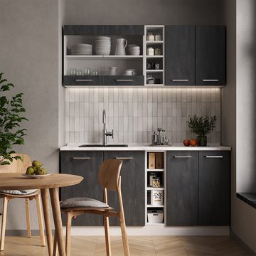 Livinity® Küchenzeile R-Line, Schwarz Beton/Weiß, 160 cm AP Anthrazit