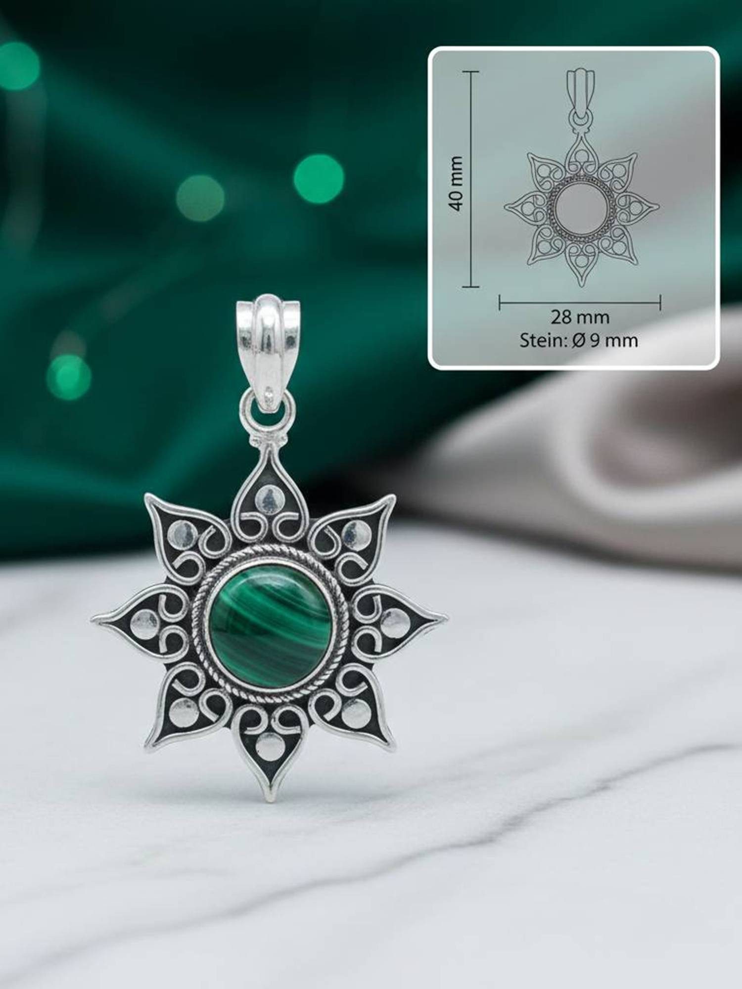 mantraroma Kettenanhänger SUNA aus 925 Silber mit Malachit (Kettenanhänger am Baumwollband im Schmuckbeutel), 925 Sterling Silber Kettenanhänger für Damen