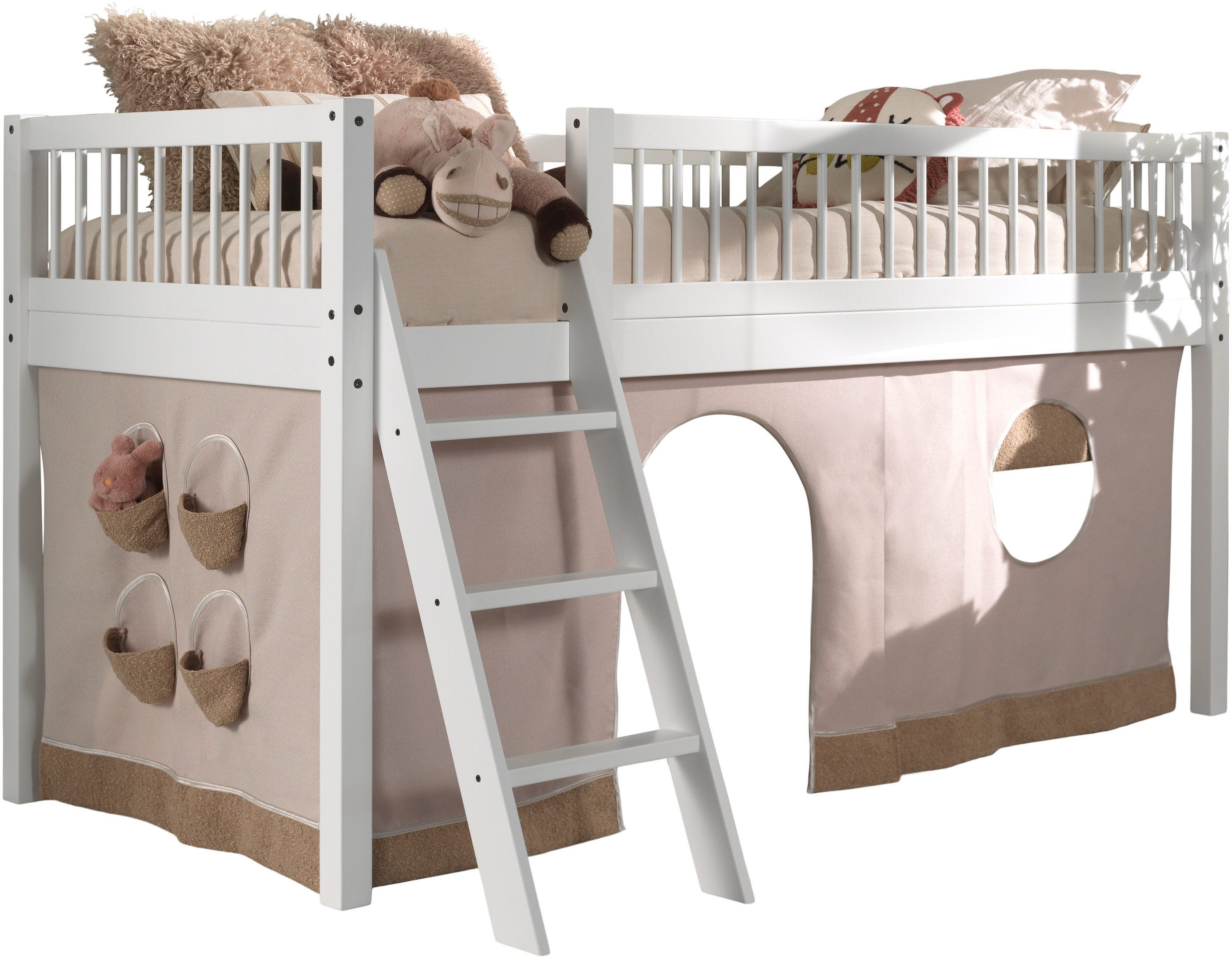 Vipack Spielbett Forrest 90/200 aus massiver Buche weiß lackiert, inkl. Vorhang-Set, stabil gebaut mit umlaufenden Absturzschutz, Leiter und Rolllattenrost
