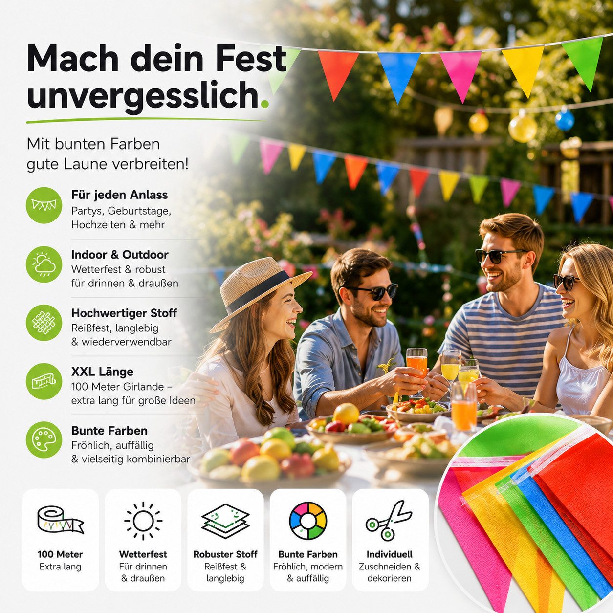 GOTPARTY Wimpelkette Bunte Wimpelkette, 100 m Gesamtlänge, wiederverwendbare Partygirlande – Bild 2 von 5