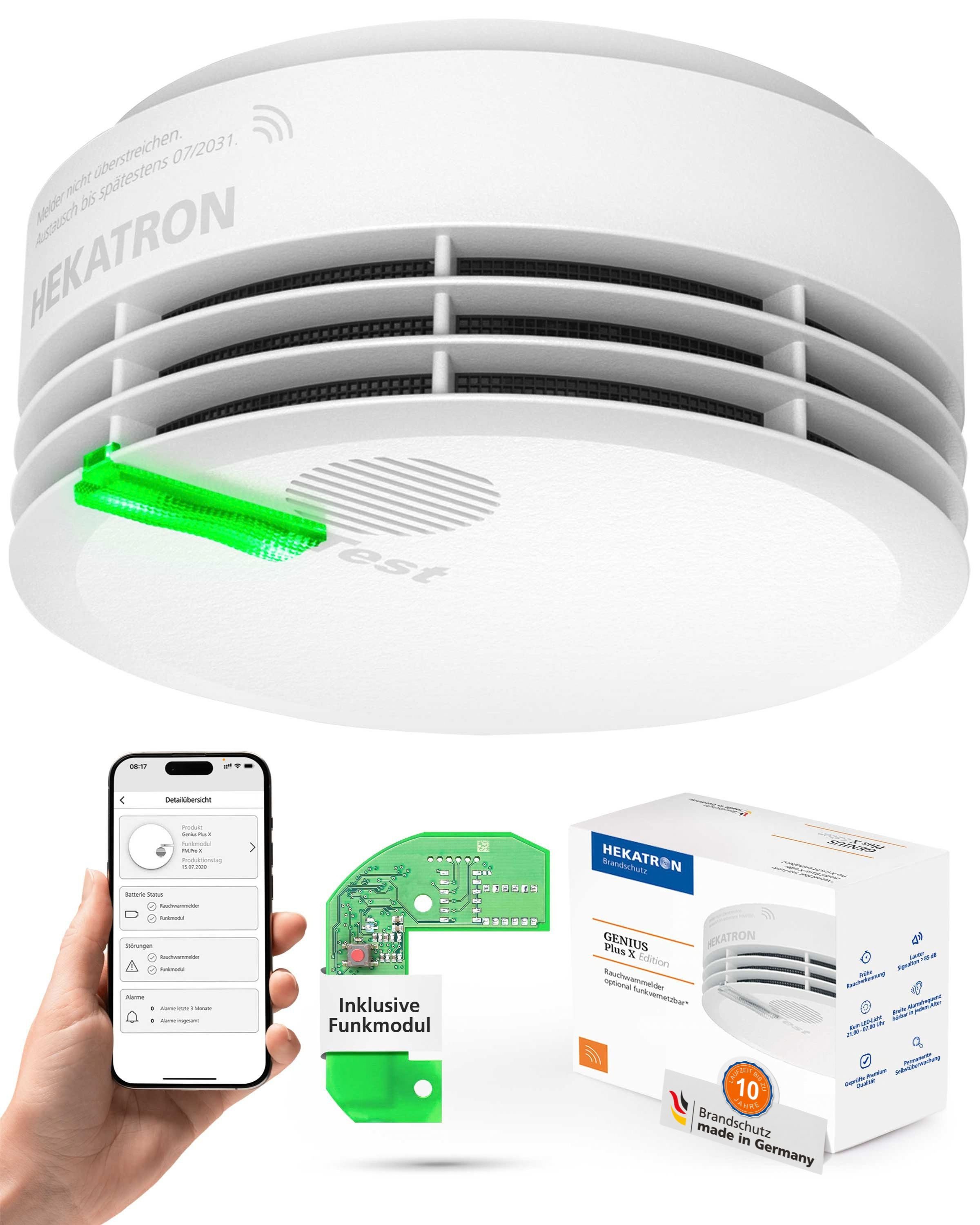 Hekatron Bundle Hekatron Genius Plus X + Funkmodul Basis X Rauchmelder (Funkmodul Basis X inklusive, App-fähig, Q-Label, VdS, 85 dB(A)