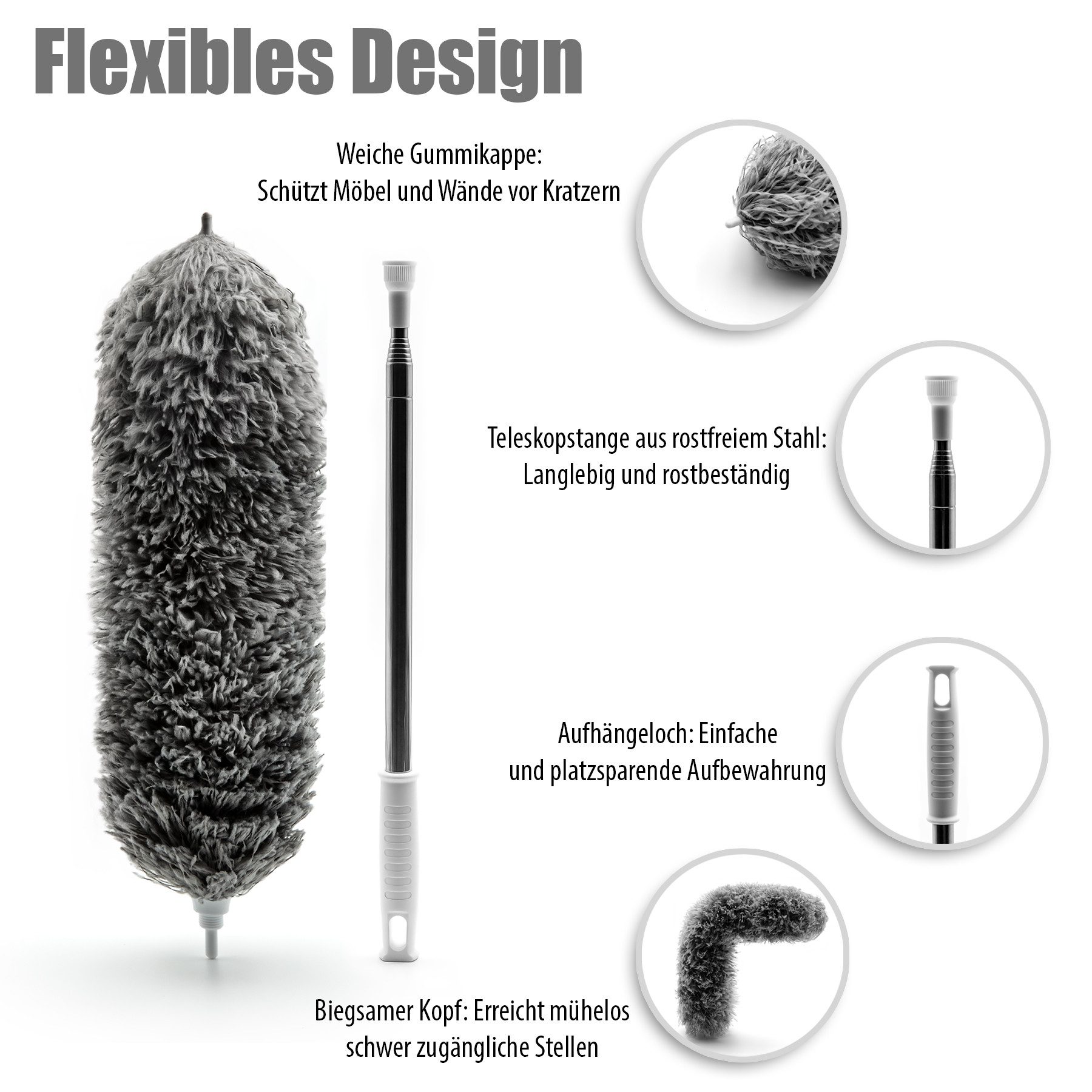 BigDean Staubwedel Teleskop ausziehbar waschbar & effizient gegen Staub & Spinnweben (Packung, 1-St., 1 stk), Teleksopierbar, Waschbar, Mikrofasern, Ergonomisch – Bild 4 von 5