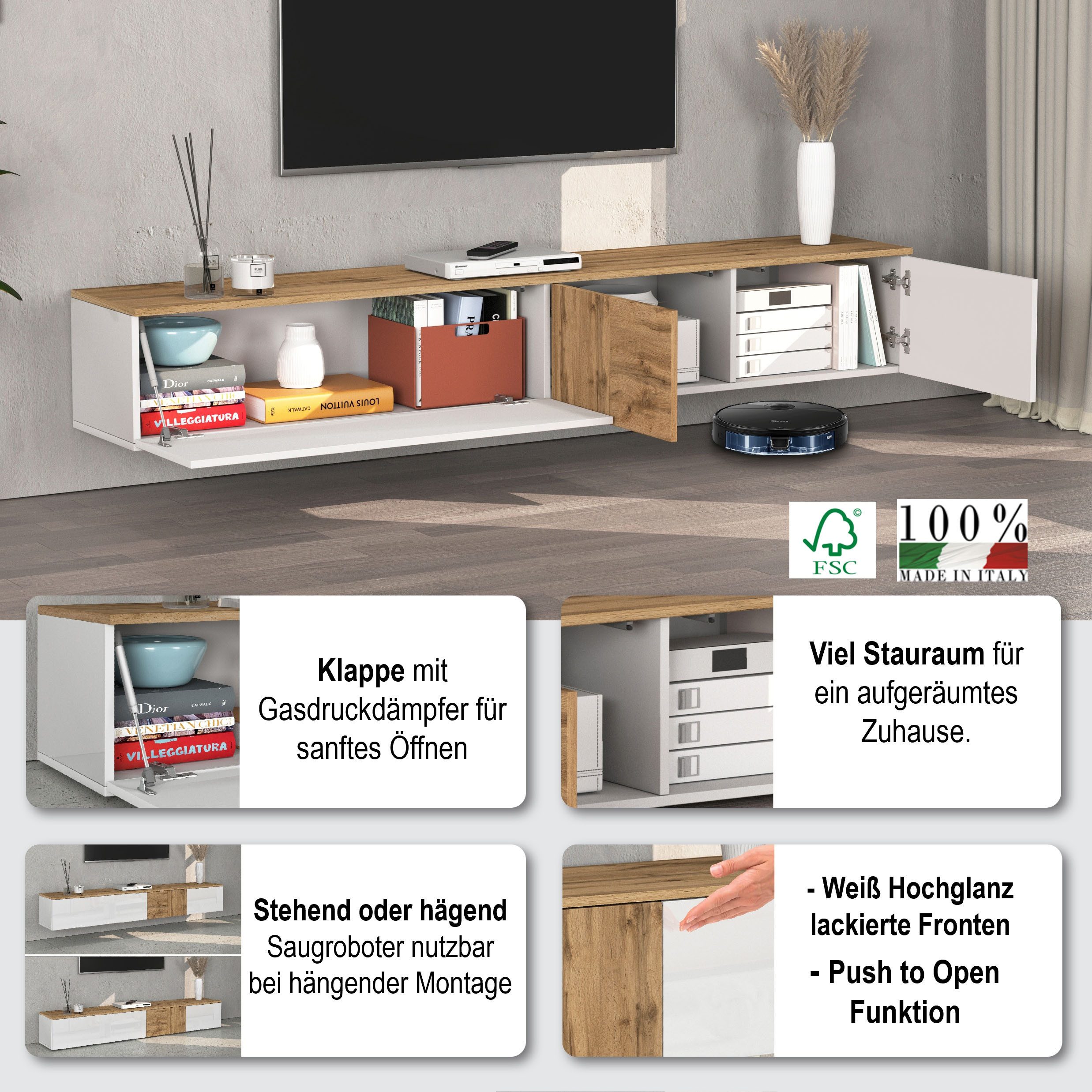 OTTO home Lowboard ISEO, TV-Kommode,TV-Möbel,TV-Bank, 3 Fächer, Breite 200 cm (1 St), stehend/hängend, 1 Klappe, 2 Türen Hochglanz lackiert, Made in Italy