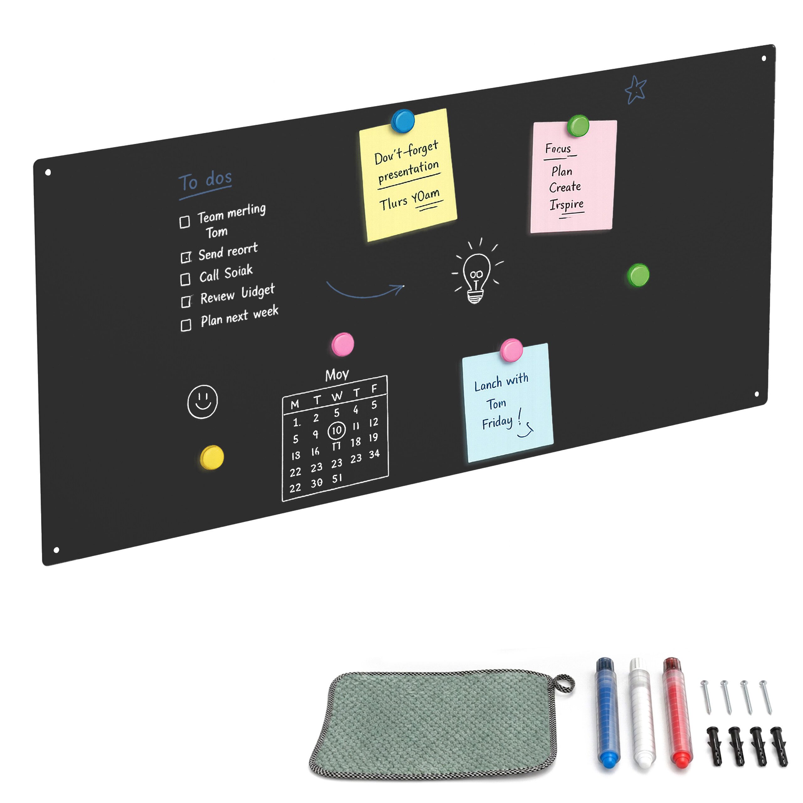 relaxdays Magnettafel Stahl beschreibbar, (13-tlg), schwarz, 70 x 30 cm