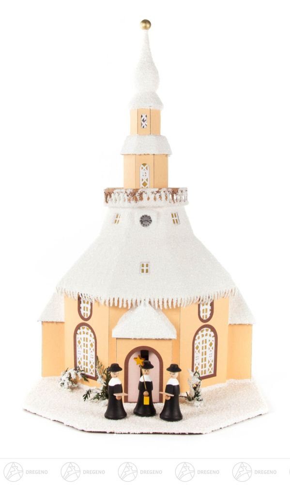 Dregeno Erzgebirge Weihnachtshaus Lichterhaus Seiffener Kirche, elektr.  Beleuchtung Höhe ca 46 cm NEU, mit Kurrendefiguren