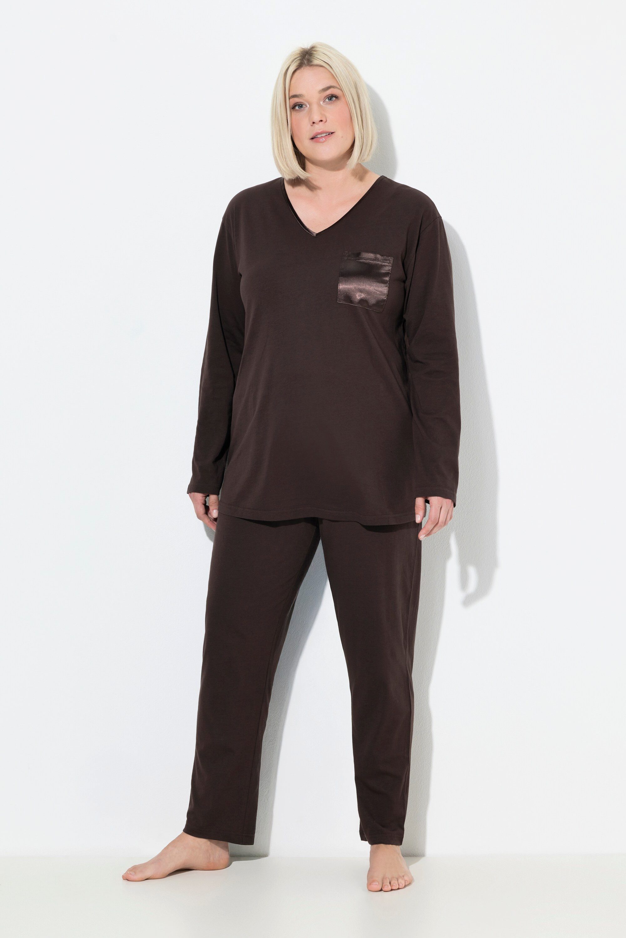 Ulla Popken Pyjama Pyjama Satin-Brusttasche V-Ausschnitt Langarm günstig online kaufen