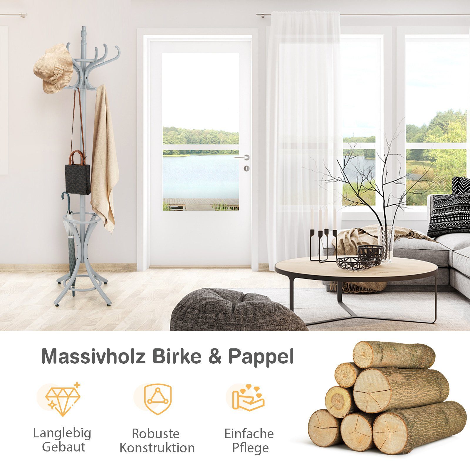 COSTWAY Garderobenständer, 184cm, mit Schirmständer und 12 Kleiderhaken