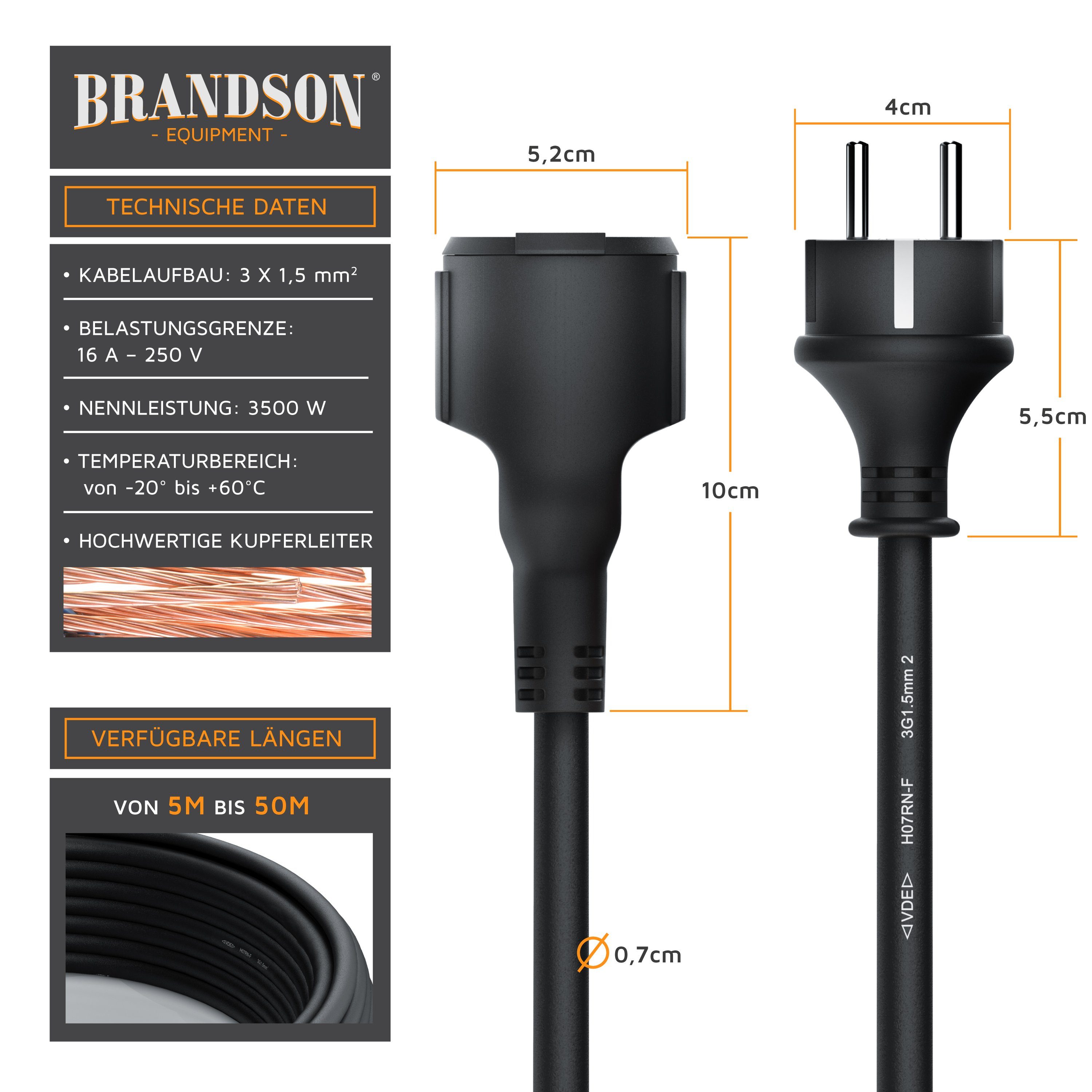 Brandson Stromkabel Verlängerung für den Außenbereich 3500W, Outdoor, IP44, 30m Verlängerungskabel, Typ F (Schuko), Schutzkontakt-Kupplung (3000 cm), Verlängerungskabel mit Schuko Stecker & Schutzkappe, Elektrokabel 230V