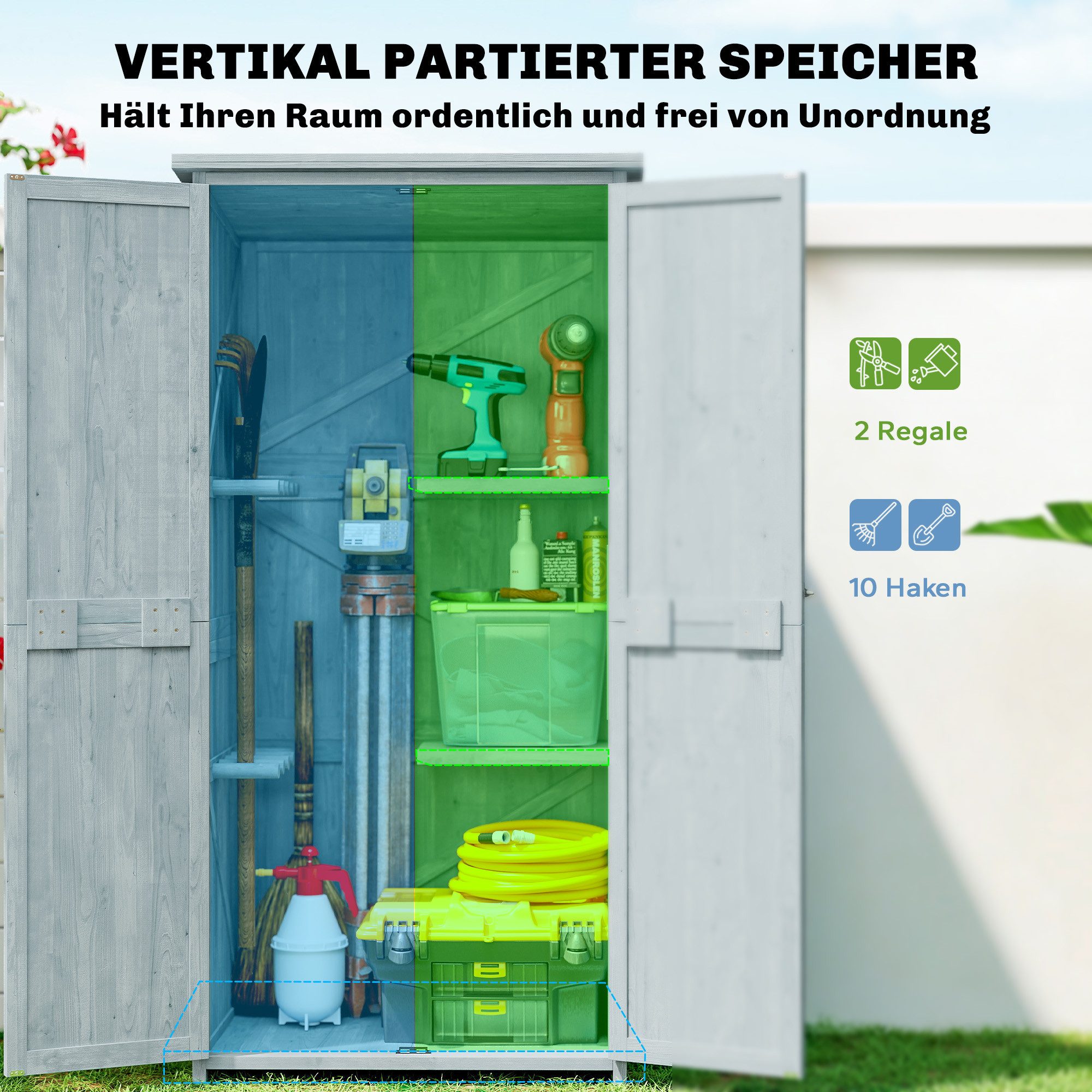 Outsunny Garten-Geräteschrank Gartenschrank Holz Outdoor wetterfest mit Doppeltür, BxT: 85x54 cm, (Outdoor wetterfest Geräteschuppen, 1 St., Holz Gartenschrank) – Bild 4 von 5