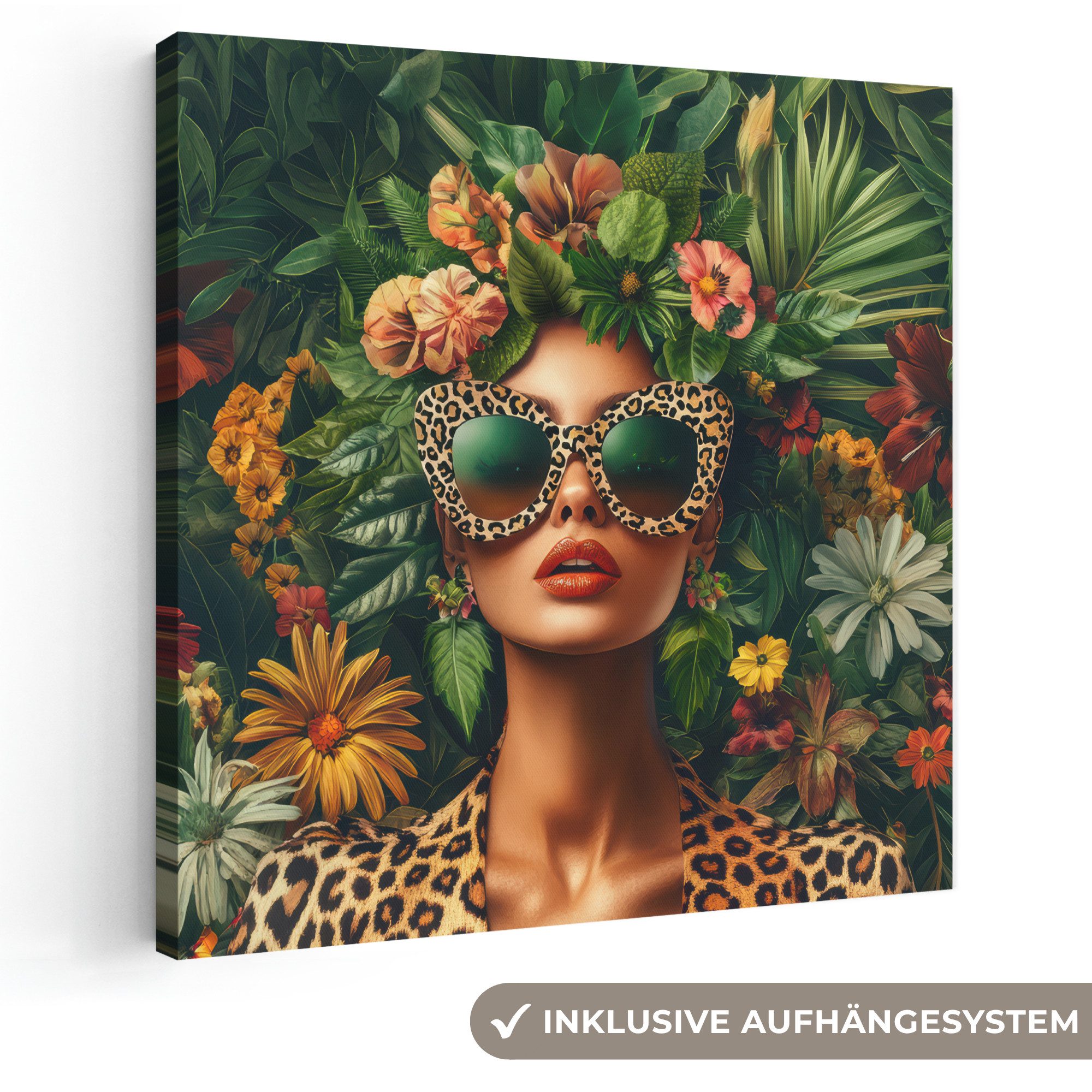 OneMillionCanvasses® Leinwandbild Frau - Pantherdruck - Dschungel - Natur - Luxus, Fotodruck (1 St), Wandbild, Deko Schlafzimmer Wohnzimmer Flur 20x20 cm
