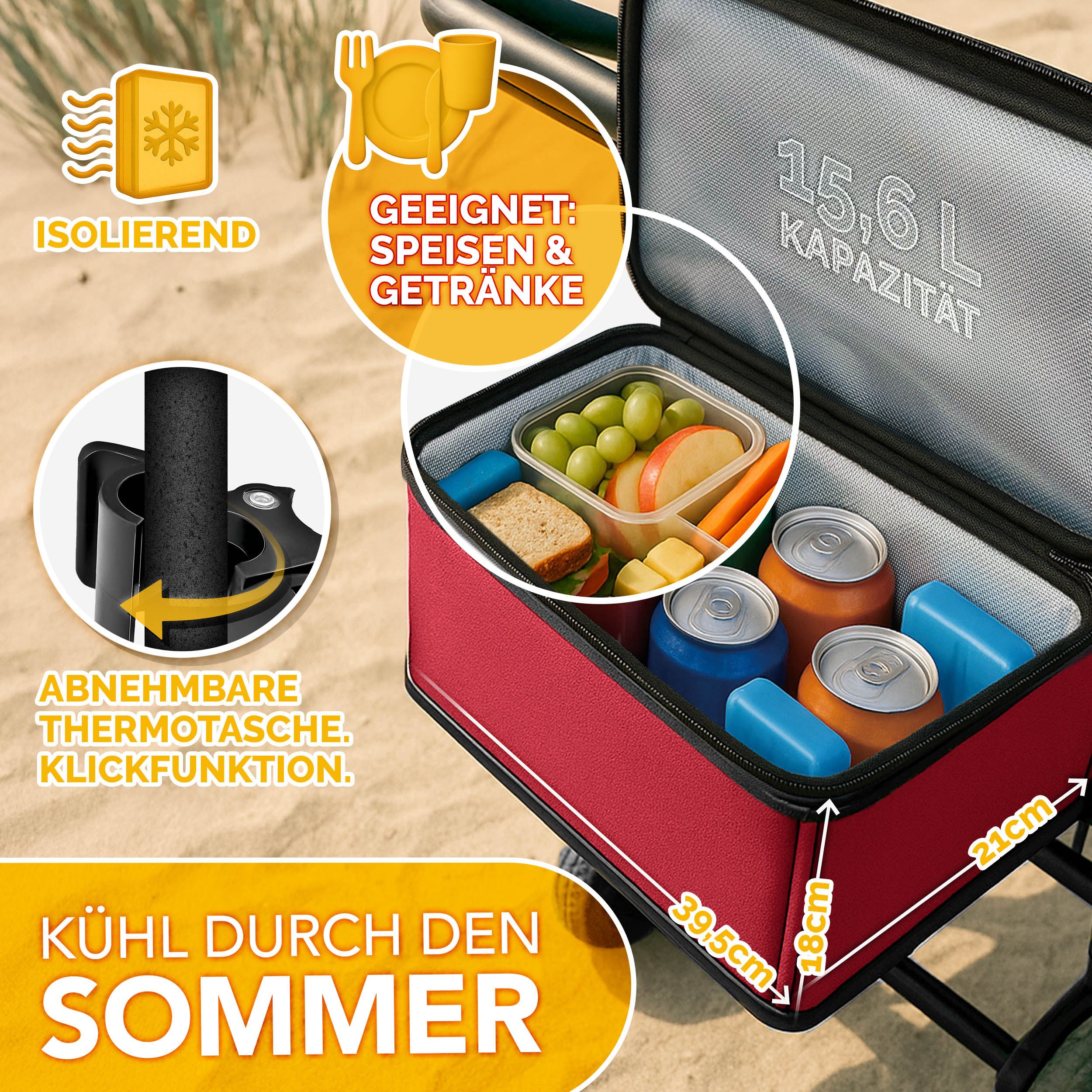 TRESKO Bollerwagen TRESKO Faltbarer Bollerwagen Handwagen (Feststellbremsen (Vorne & Hinten) und 3-Punkt-Gurt, max. belastbar bis 150kg Transportwagen mit Vollgummireifen), Faltbar mit Dach, Kühlfach & Seitenrollos Handwagen