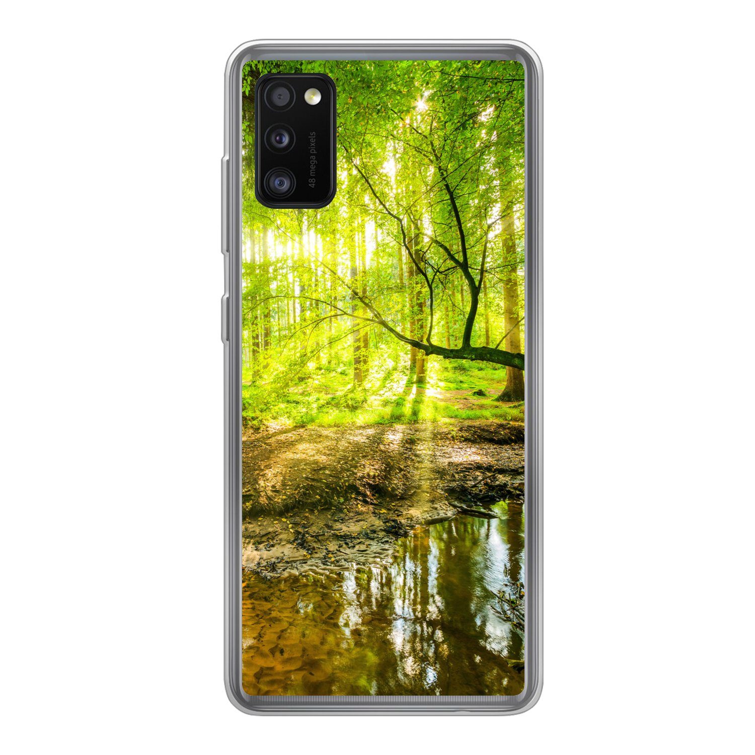 MuchoWow Handyhülle für Samsung Galaxy A41 Wald - Landschaft - Wasser - Bäume - Sonne - Gr, Smartphone-Bumper, Print, Handy Schutzhülle Dünn