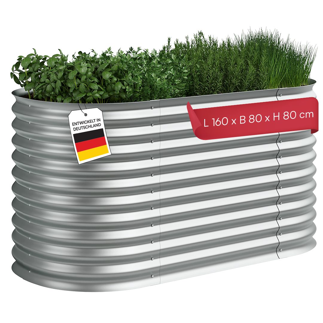 STEELSØN Hochbeet Hydra aus verzinktem Stahl-Wellblech (160 cm breit, Silber), Gemüsebeet mit offener Bodenstruktur