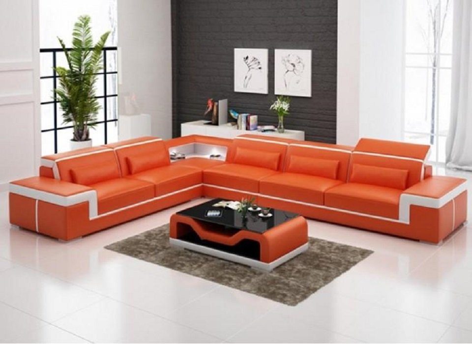 JVmoebel Ecksofa Designer Sofa Couch Ecksofa Leder Textil Polster Garnitur, Made in Europe Orange/Weiß