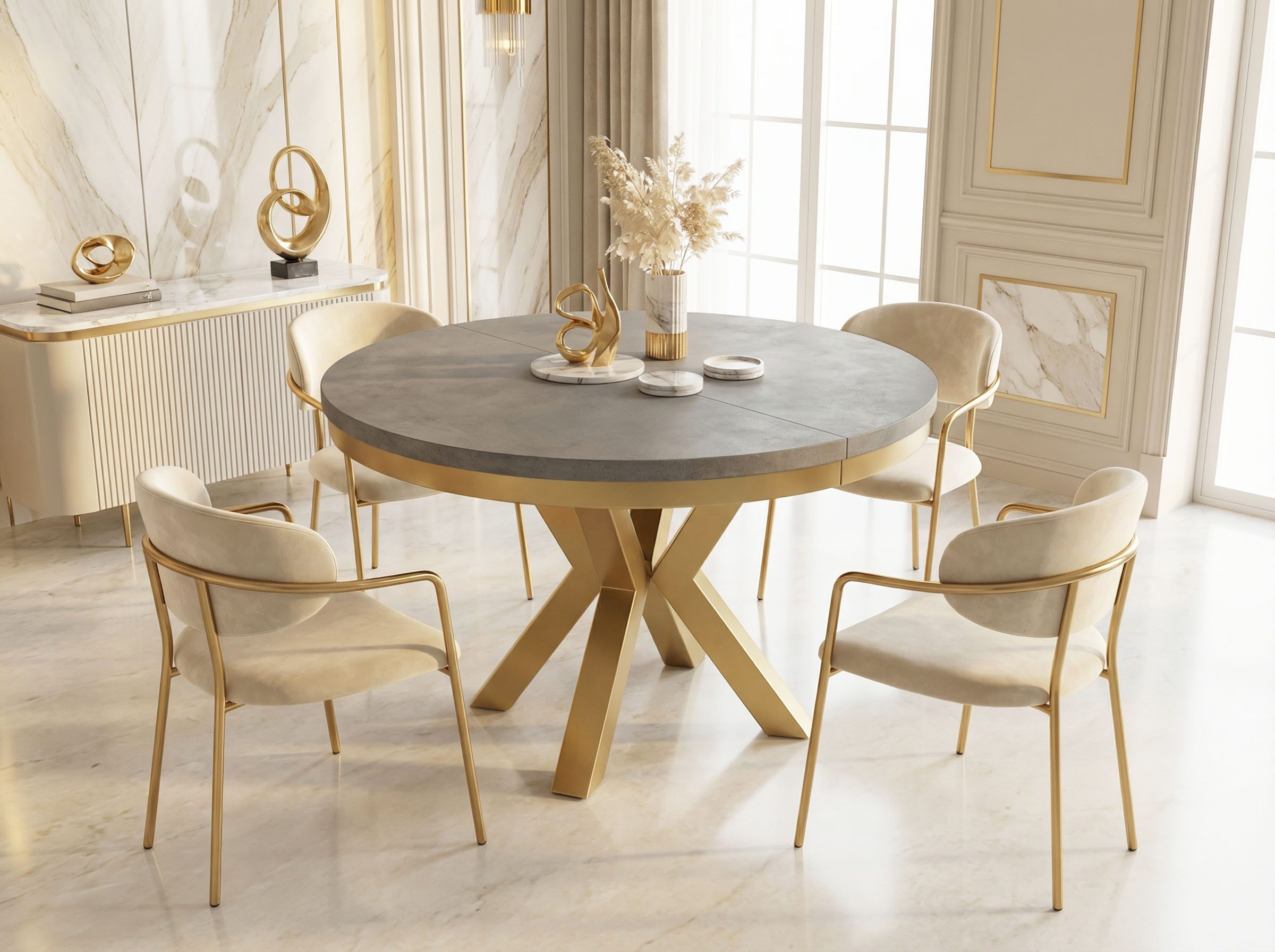 WFL GROUP Esstisch Clara Gold im Loft-Stil rund ausziehbar mit goldenen Metallbeinen (MADE IN EU, erhältlich in zwei Größen – 100/120 cm, ausziehbar auf 180/200 cm), platzsparender Industrial Tisch in Holzoptik für Wohnzimmer oder Küche