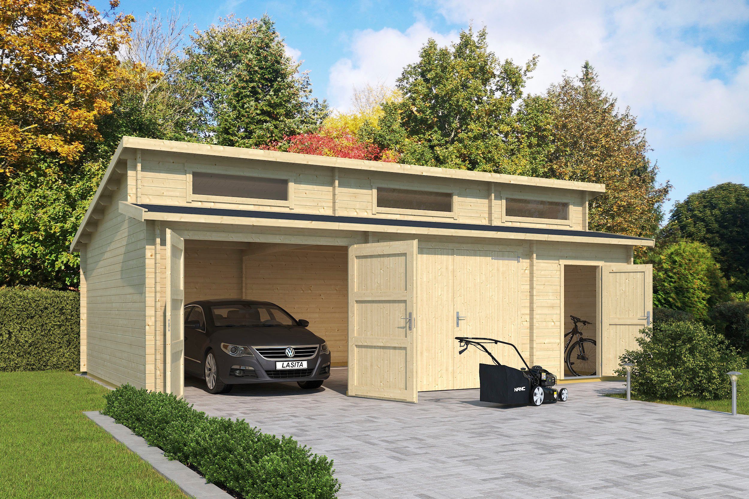 LASITA MAJA Garage Hawaii (Set, Für 2 Fahrzeuge geeignet), Garage + 2 Holztoren