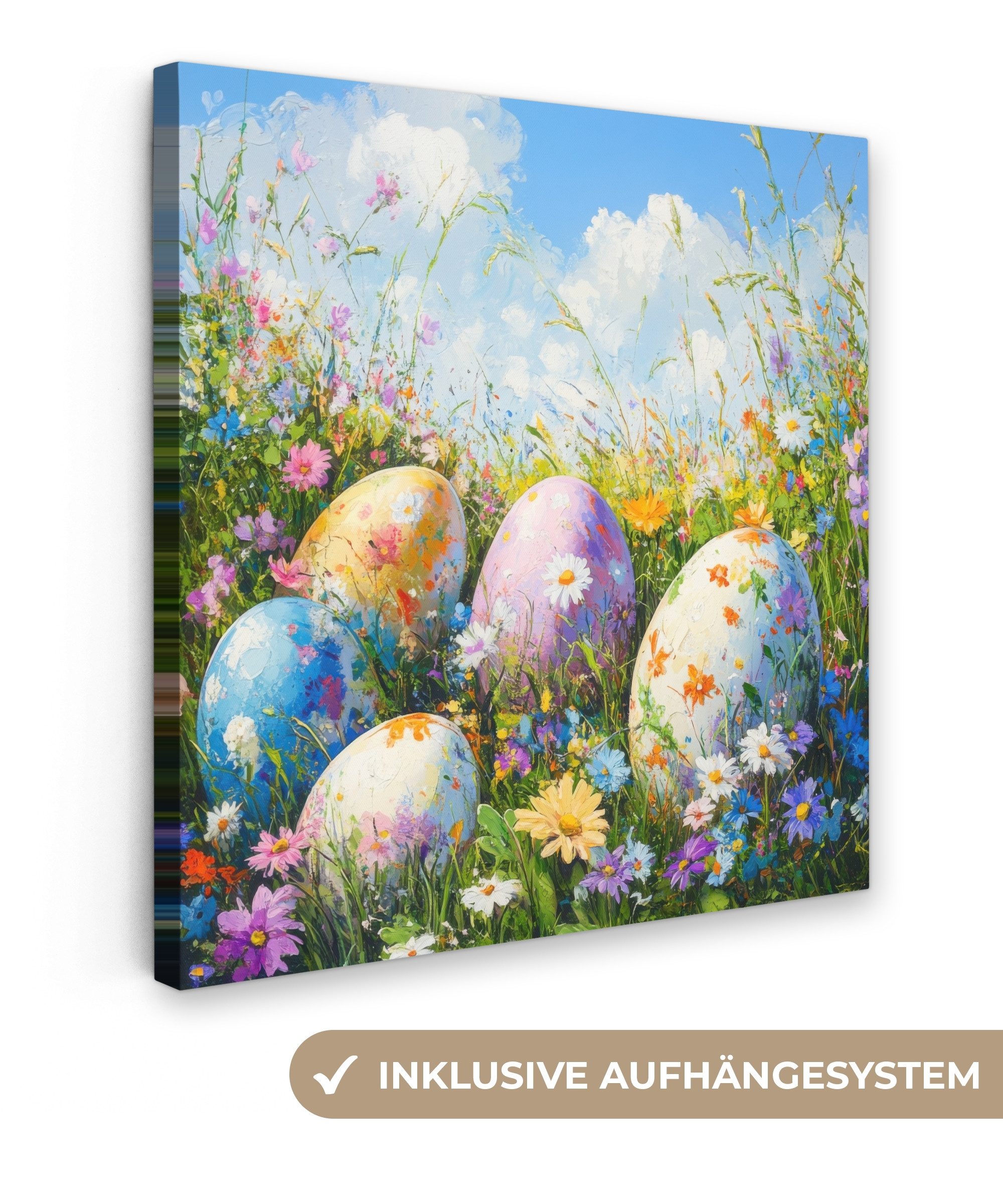 OneMillionCanvasses® Leinwandbild Rasen - Eier - Blumen - Ostern Deko, Fotodruck (1 St), Wandbild, Deko Schlafzimmer Wohnzimmer Flur 20x20 cm
