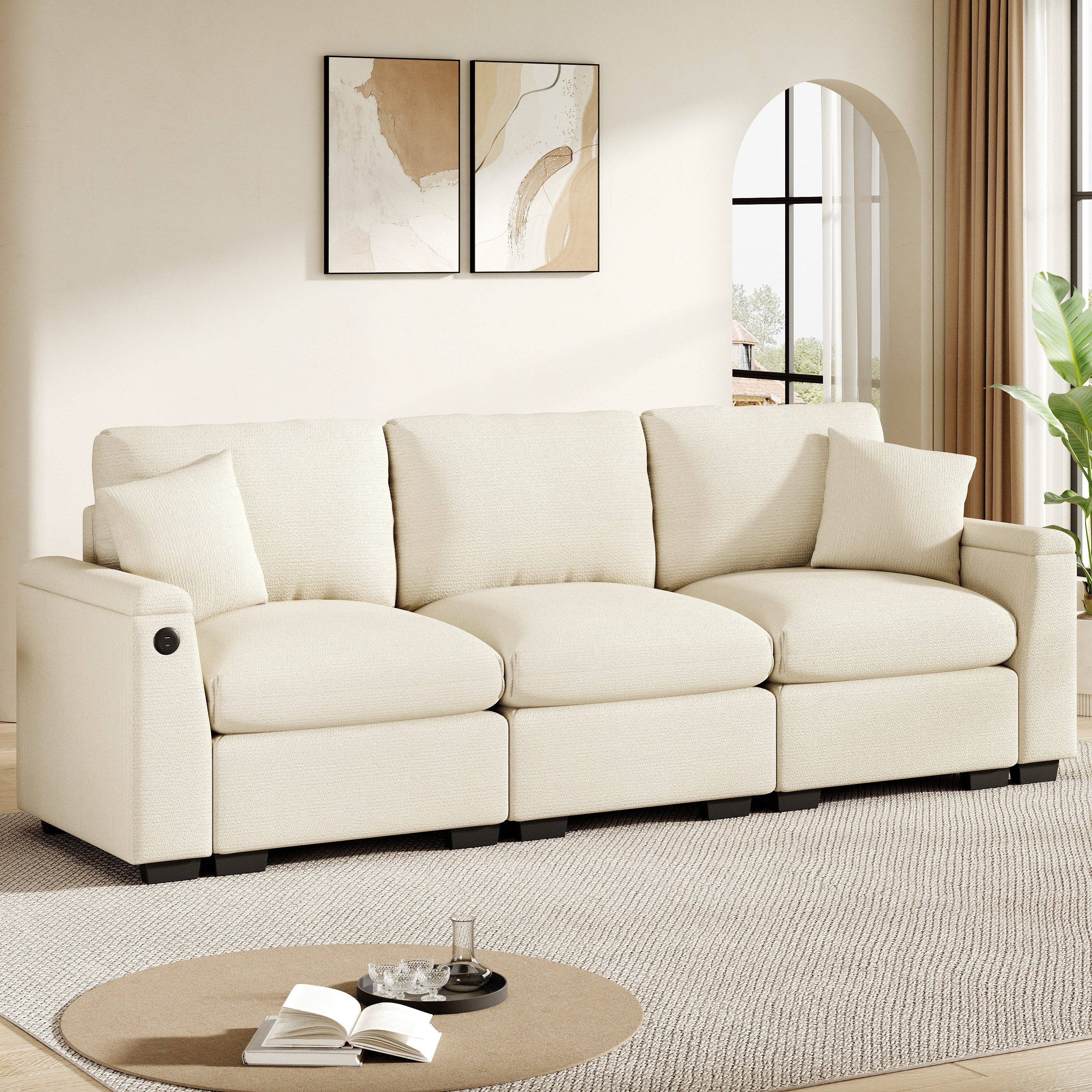 Merax 3-Sitzer Sofa aus weichem Chenille, Multifunktionssofa mit USB-Anschluss, für Wohnzimmer, Büro und Heimkino 1 Teile, XXL Sofa mit klappbarer Rückenlehne, Getränkehalter & Stauraum