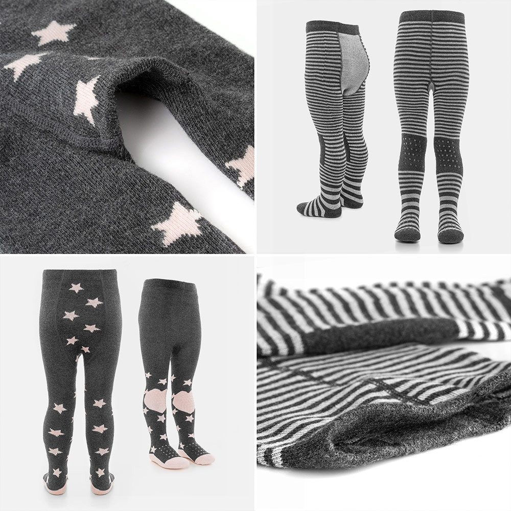 LaLoona Strumpfhose Sterne Rosa + Streifen Grau 2x Baby Krabbelstrumpfhose mit ABS Sohle elastische Kinder Strumpfhose