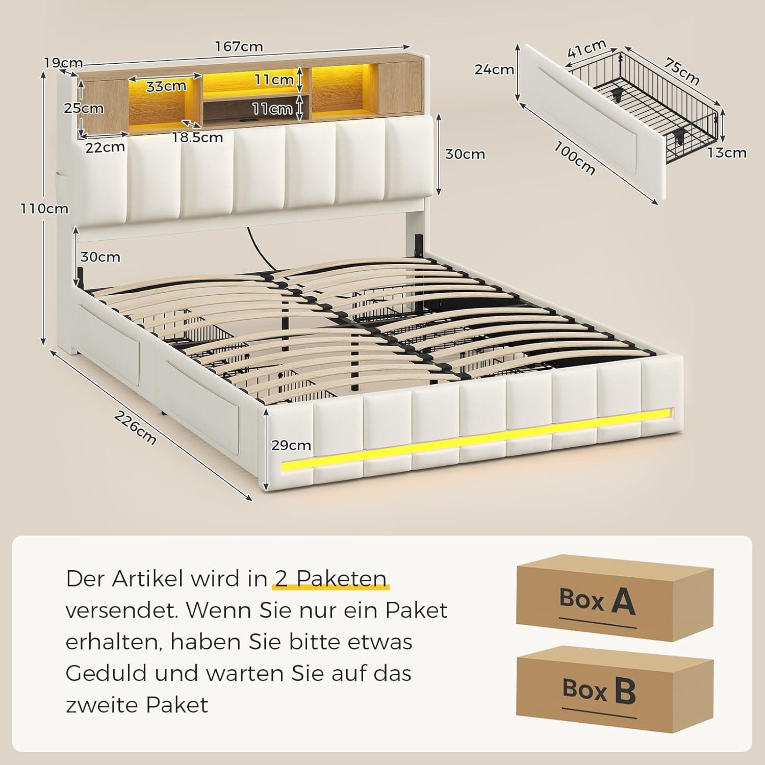 KIMENICH Polsterbett Bettgestell mit LED-Beleuchtung, 4 Schubladen, Ladestation, 140x200 cm, Weiß – Bild 2 von 5