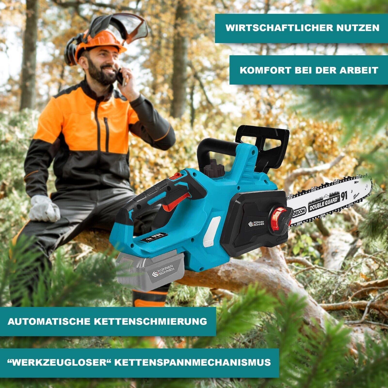 Könner & Söhnen Akku-Kettensäge KS CS20V-12 + KS C24A + KS 20V2-1, 1-tlg., ergonomischer Griff, modulares 20V Akku-System