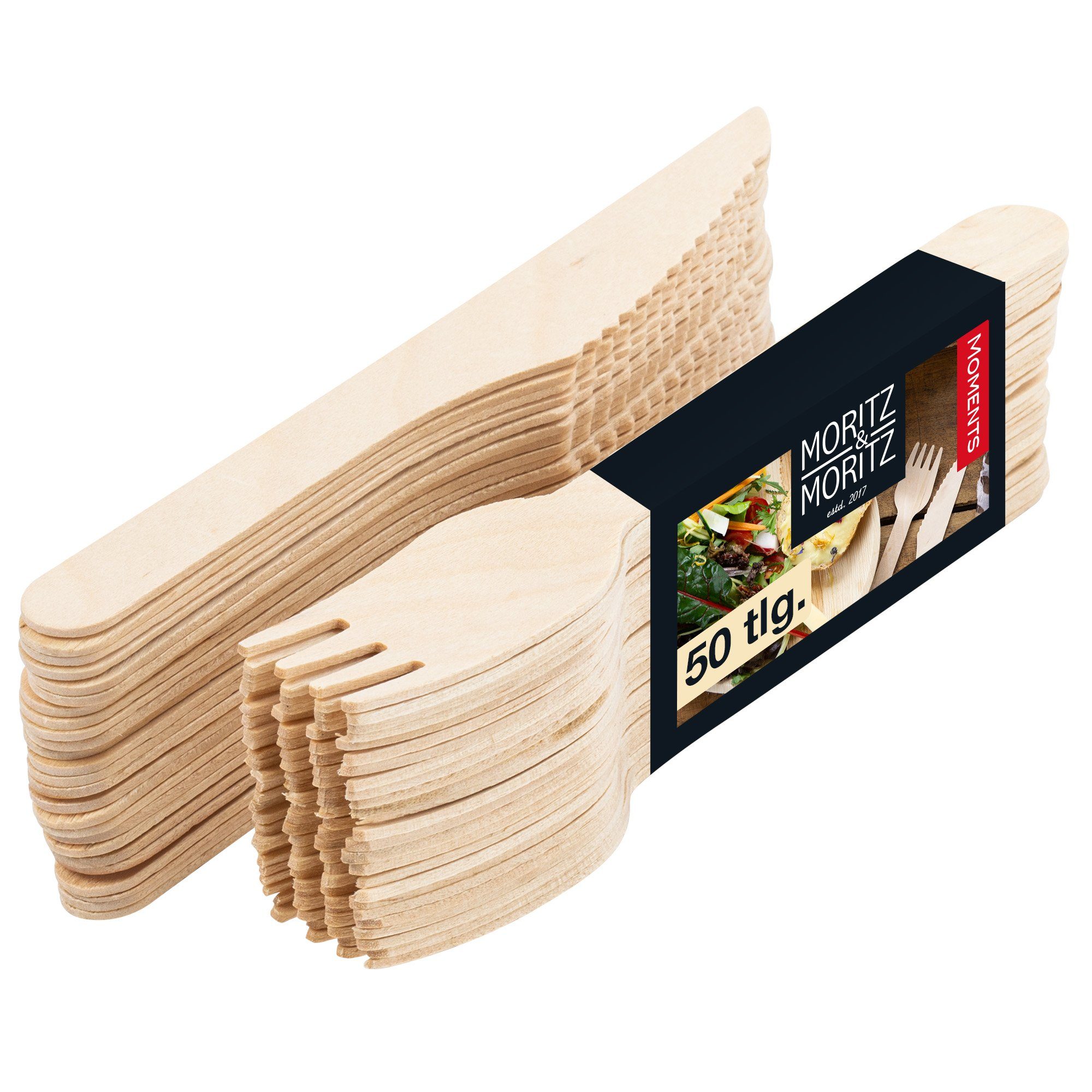 Moritz & Moritz Besteck-Set Besteck Holz 25 Gablen und Messer, 50-tlg -  Kompostierbares Holzbesteck als Alternative zu Plastikbesteck