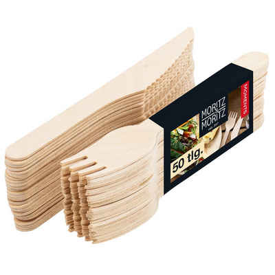 Moritz & Moritz Besteck-Set Besteck Holz 25 Gablen und Messer (50-tlg), Birkenholz, 50-tlg - Kompostierbares Holzbesteck als Alternative zu Plastikbesteck