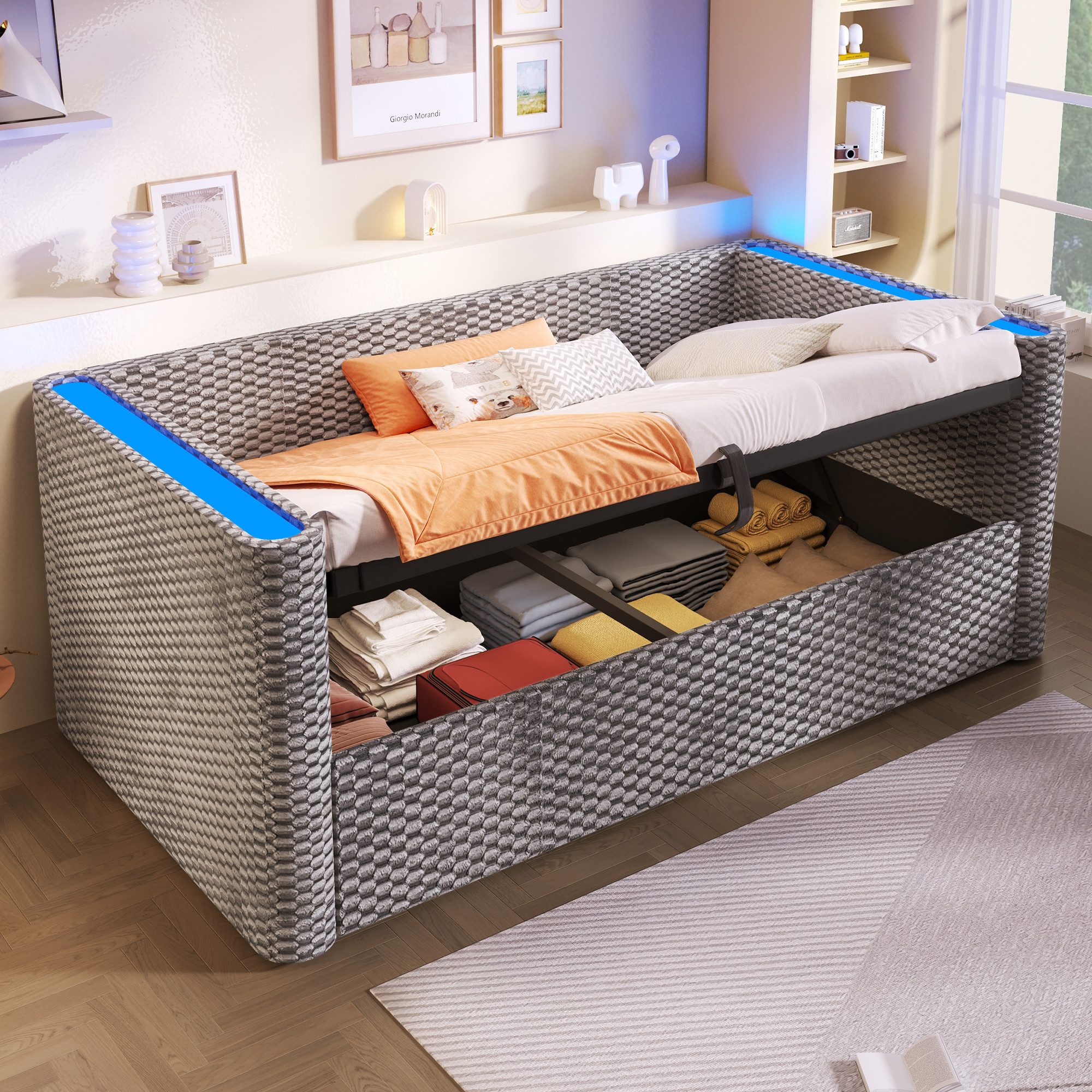 STILVORA Schlafsofa mit bettfunktion&bettkasten Polsterbett 90×200 Tagesbett ausziehbar, mit LED-Beleuchtung, hydraulischem Stauraum und Lattenrost, ohne Matratze