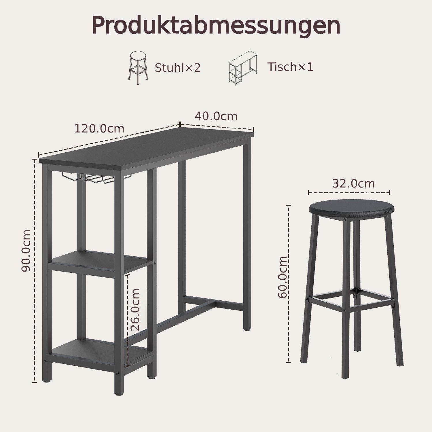 Blishom Bartisch Bartisch-Set mit 2 Barhockern und Ablagen, Das Weinregal ist zerlegbar, 120 x 40 x 90 cm