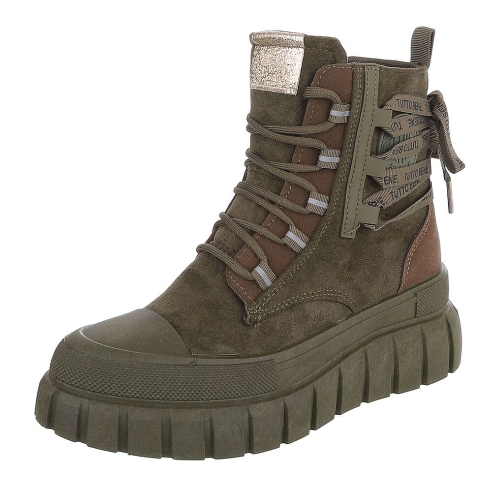 Ital-Design Damen Plateau-Bootie mit Schnürung und Riemen-Details Schnürstiefelette (92078935) Keilabsatz/Wedge Sneakers High in Grün