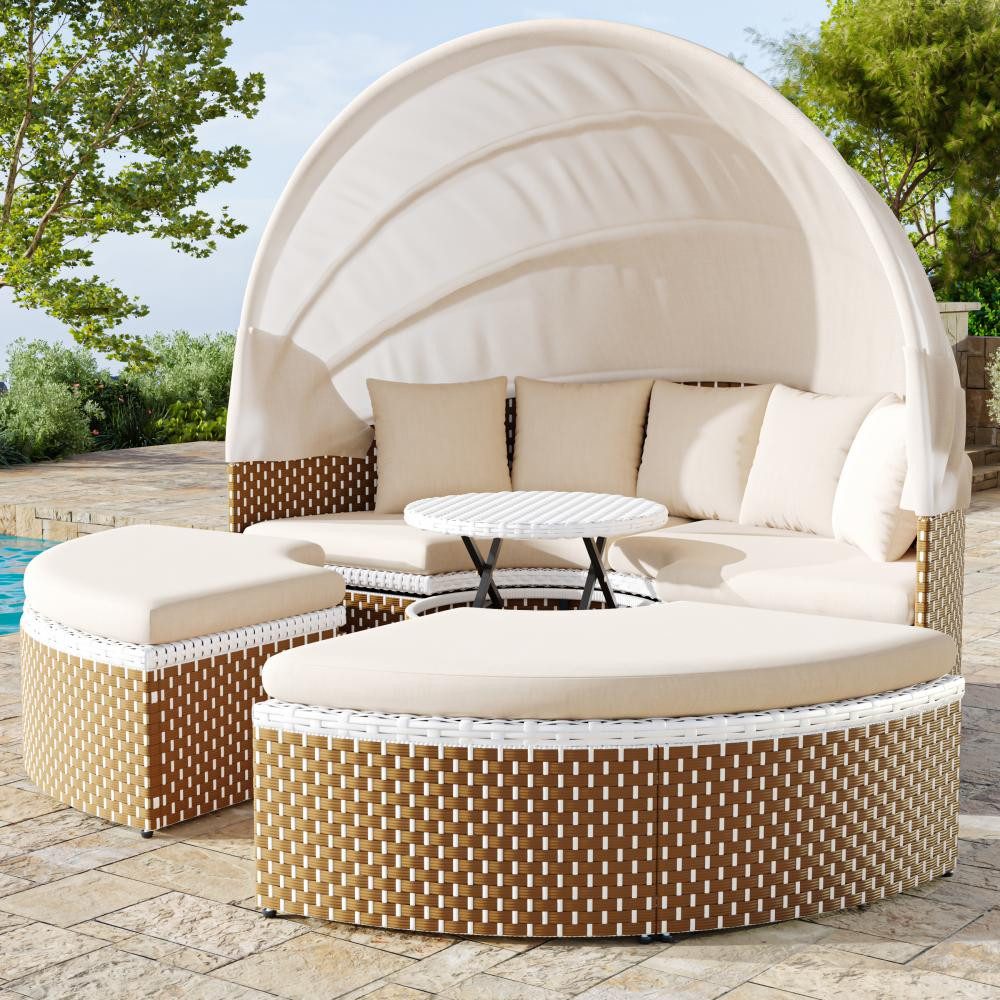 BBWL Gartenlounge-Set mit Baldachin, Muschel Daybed, Tisch, Lounge Sessel Set mit Kissen, Sonneninsel Rattan Garten Lounge Set Beige