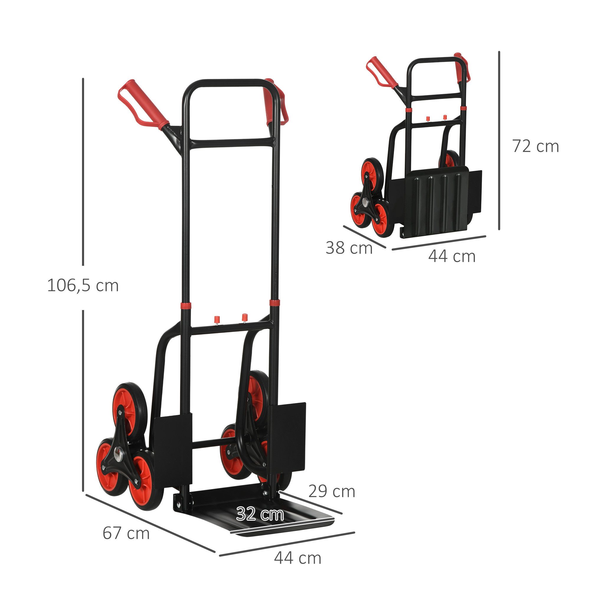 Durhand Sackkarre Transportkarre Griff höhenverstellbar Klappbar, (handwerkertrolley, 1-St., Treppensteiger), Schwarz 67 x 44 x 106,5 cm