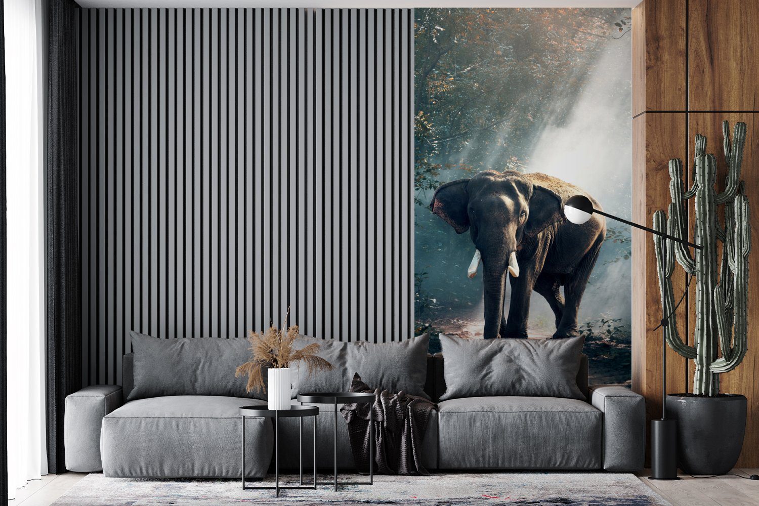Natur - Tiere Fototapete - bedruckt, - Küche, Matt, Schlafzimmer - Wohnzimmer Licht (2 Wald MuchoWow Fototapete - Vliestapete Elefant Wildtiere, für St),
