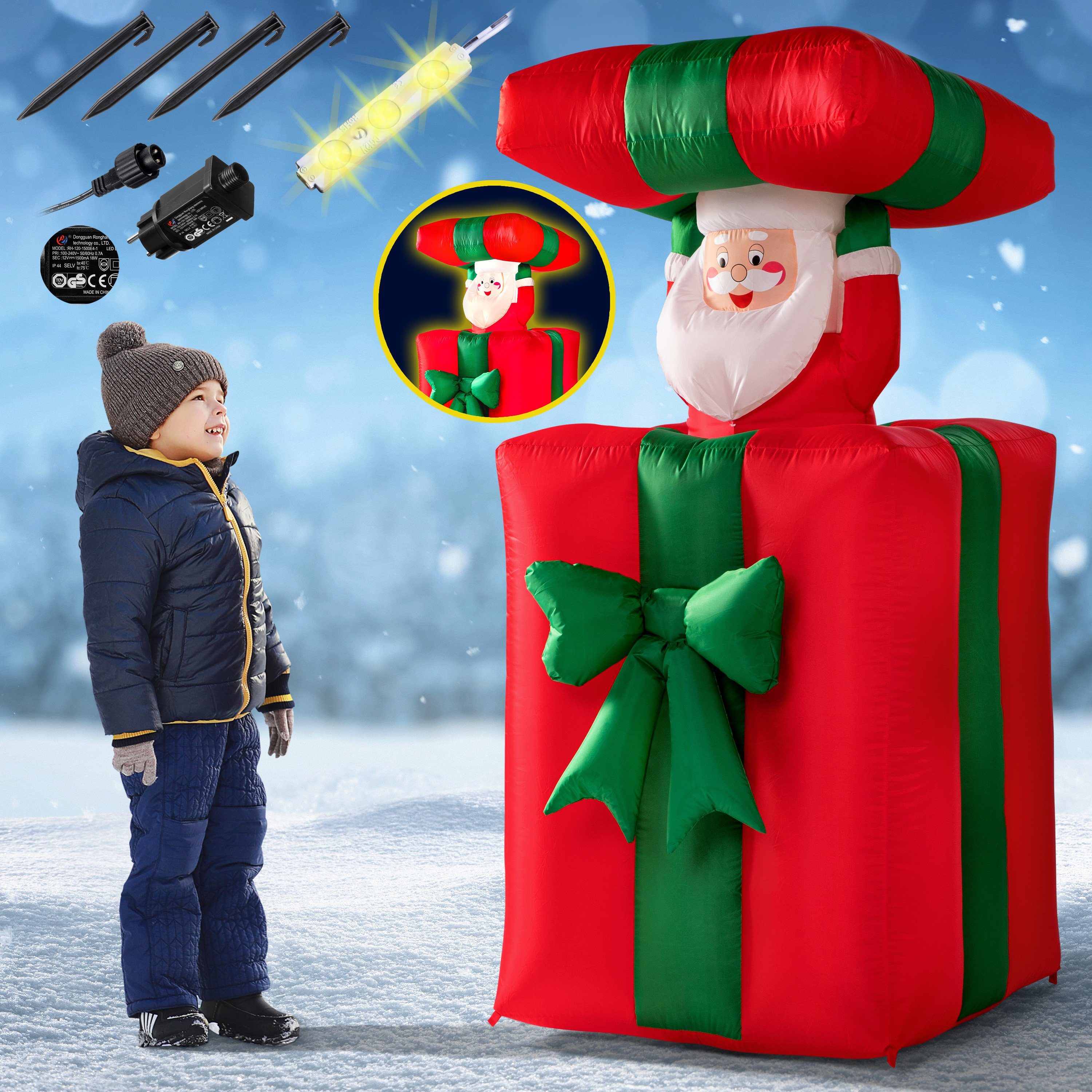 152cm monzana Aufblasbarer Springt-aus-der-Box IP44 LED Beleuchtet Weihnachtsmann, Außen