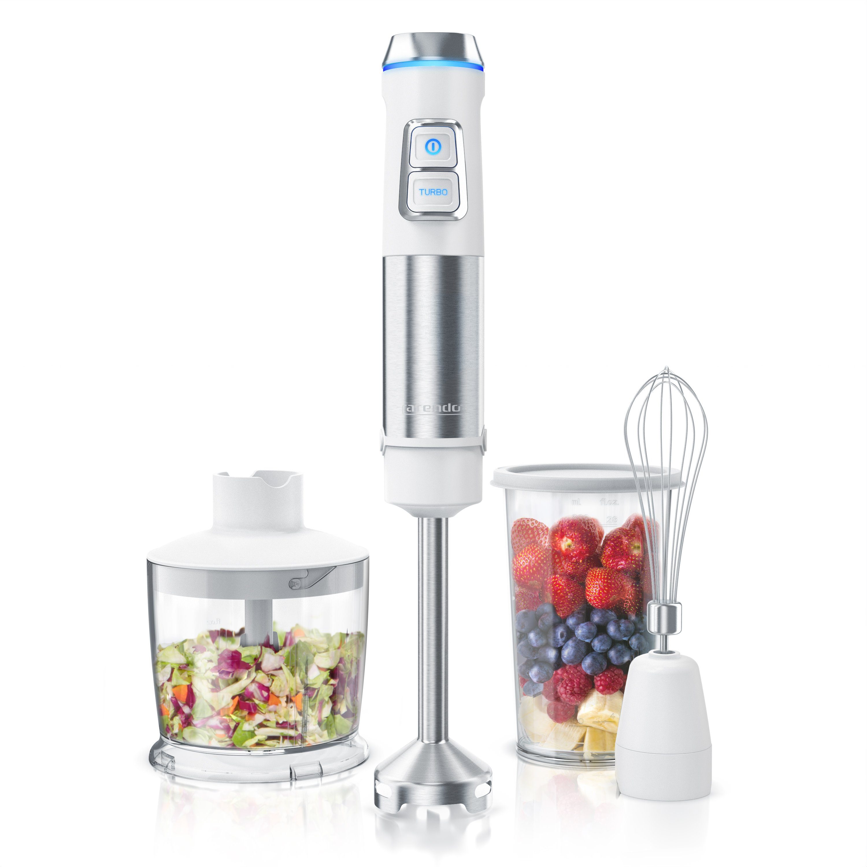 Arendo Stabmixer Edelstahl Pürierstab Set mit Zerkleinerer & Messbecher, Handmixer, 1200 W, 2 Geschwindigkeitsstufen, 4-Klingen, einfache Reinigung, DC Motor