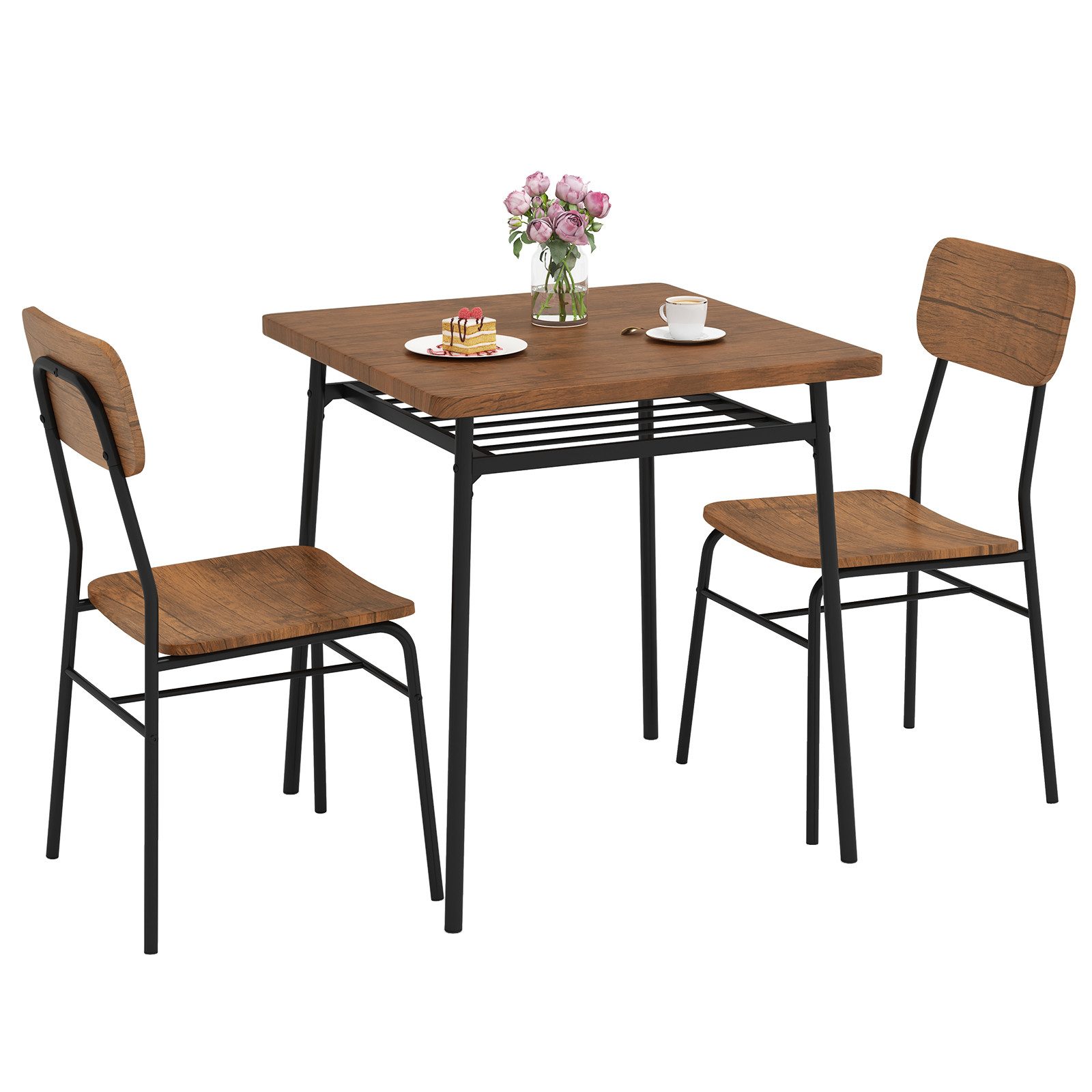 COSTWAY Essgruppe, (3-tlg), Esstisch mit 2 Stühlen, Ablageregal & Metallrahmen