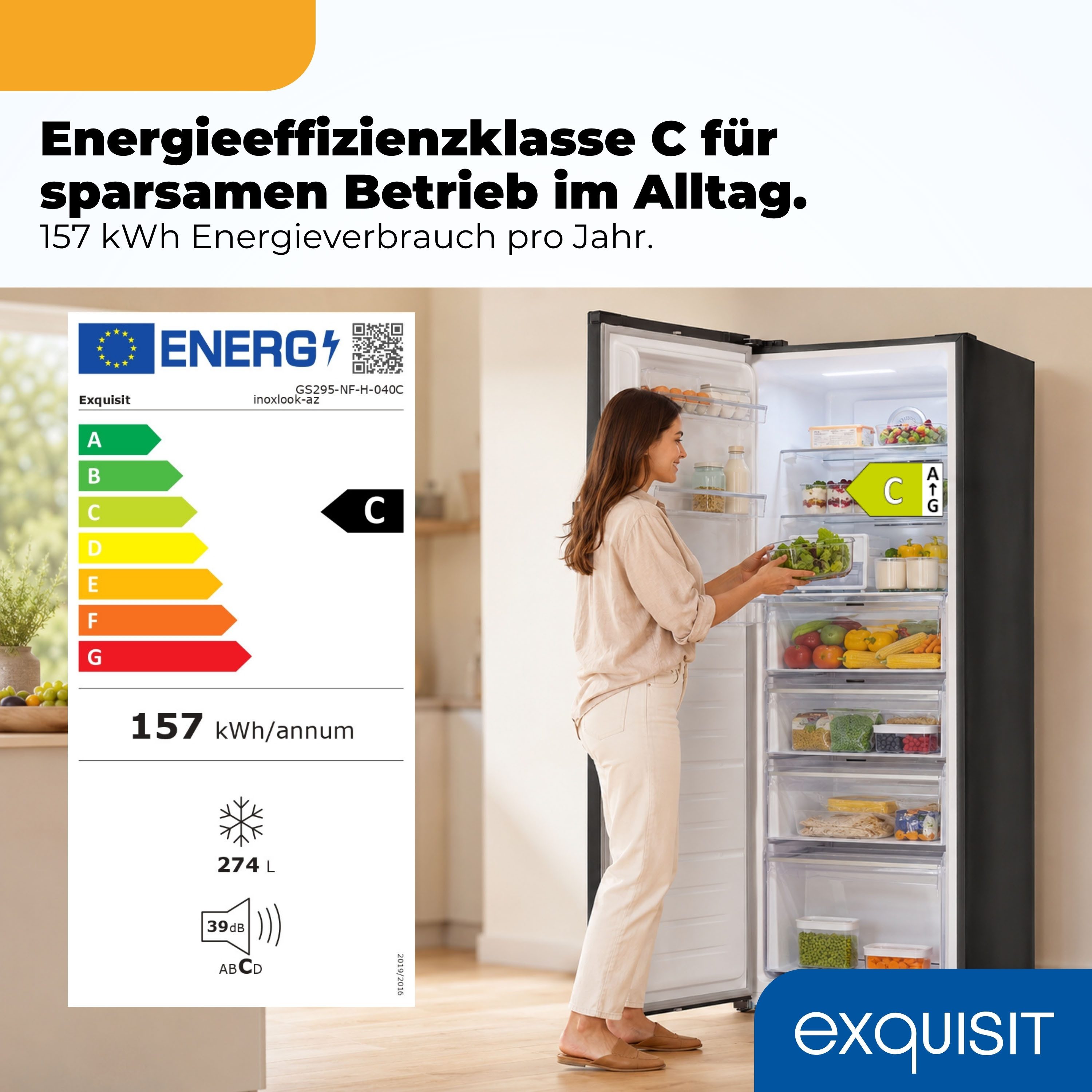 exquisit Gefrierschrank GS295-NF-H-040C inoxlook-az, 185 cm hoch, 60 cm breit, Viel Platz, starke Gefrierleistung & No Frost für eisfreies Gefrieren
