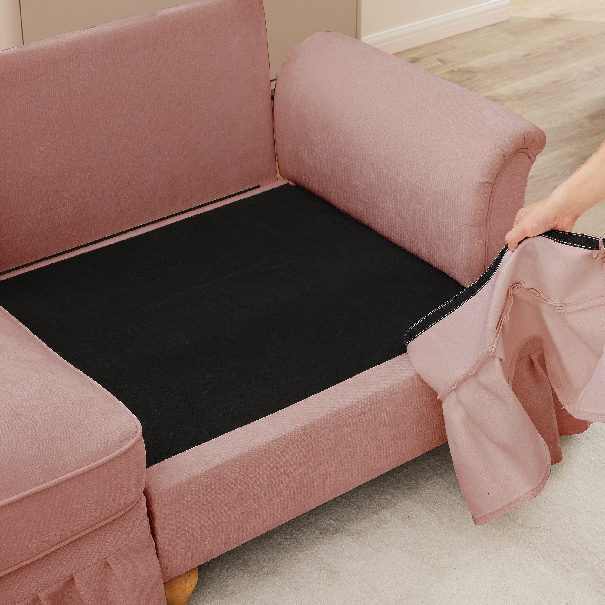 Odikalo Big-Sofa Ecksofa mit Schlaffunktion und Volant, Elegantes Mid-Century 2-3-4-5-Sitzer Sofa aus Chenille mit Trichter-Armlehnen, abnehmbarer Rüschenschürze & spindelförmigen Beinen – Komfortables Sofa fürs Wohnzimmer, Mehrfarbig