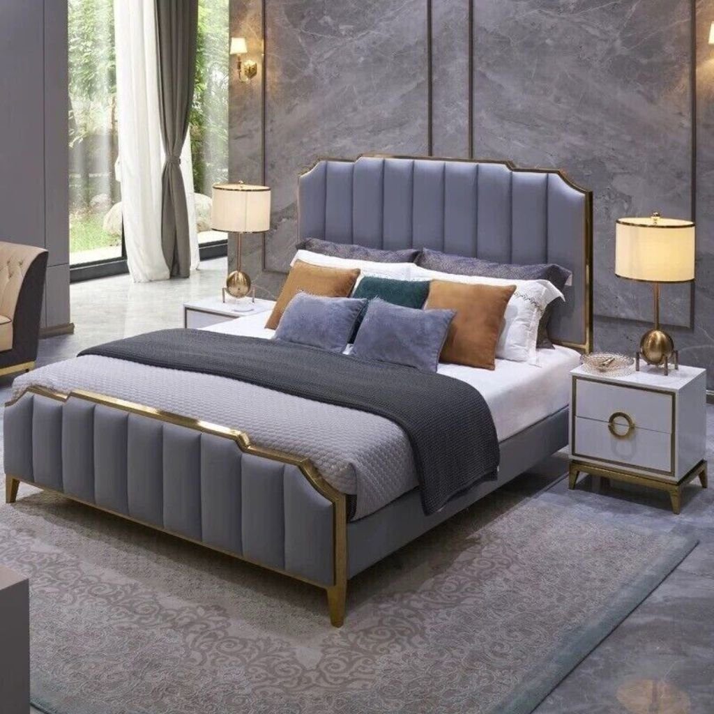 JVmoebel Lederbett Bett Polster Design Luxus Doppel Betten Grau 180x200cm Schlaf Zimmer, Made in Europa