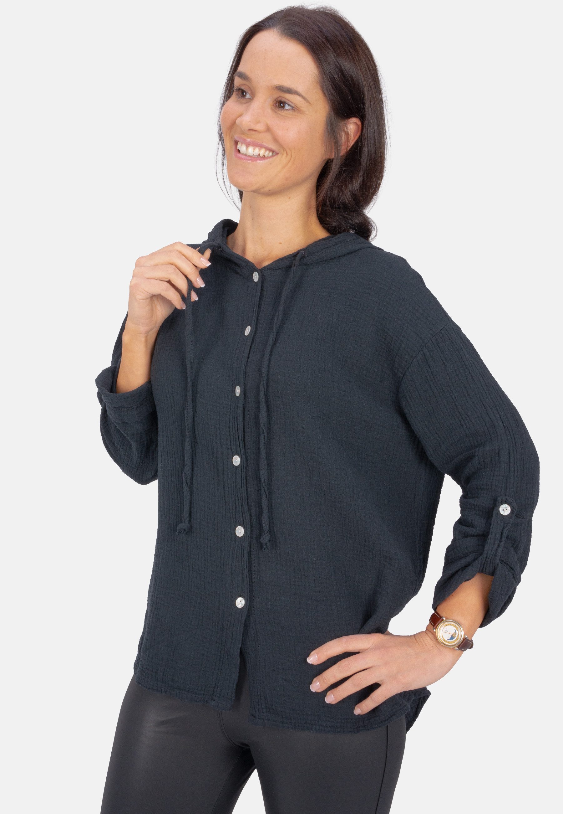 Seasons of April Hemdbluse Musselin Camila Oversized 100% Baumwolle Musselinbluse: Oversized, Halbarm & Kapuze