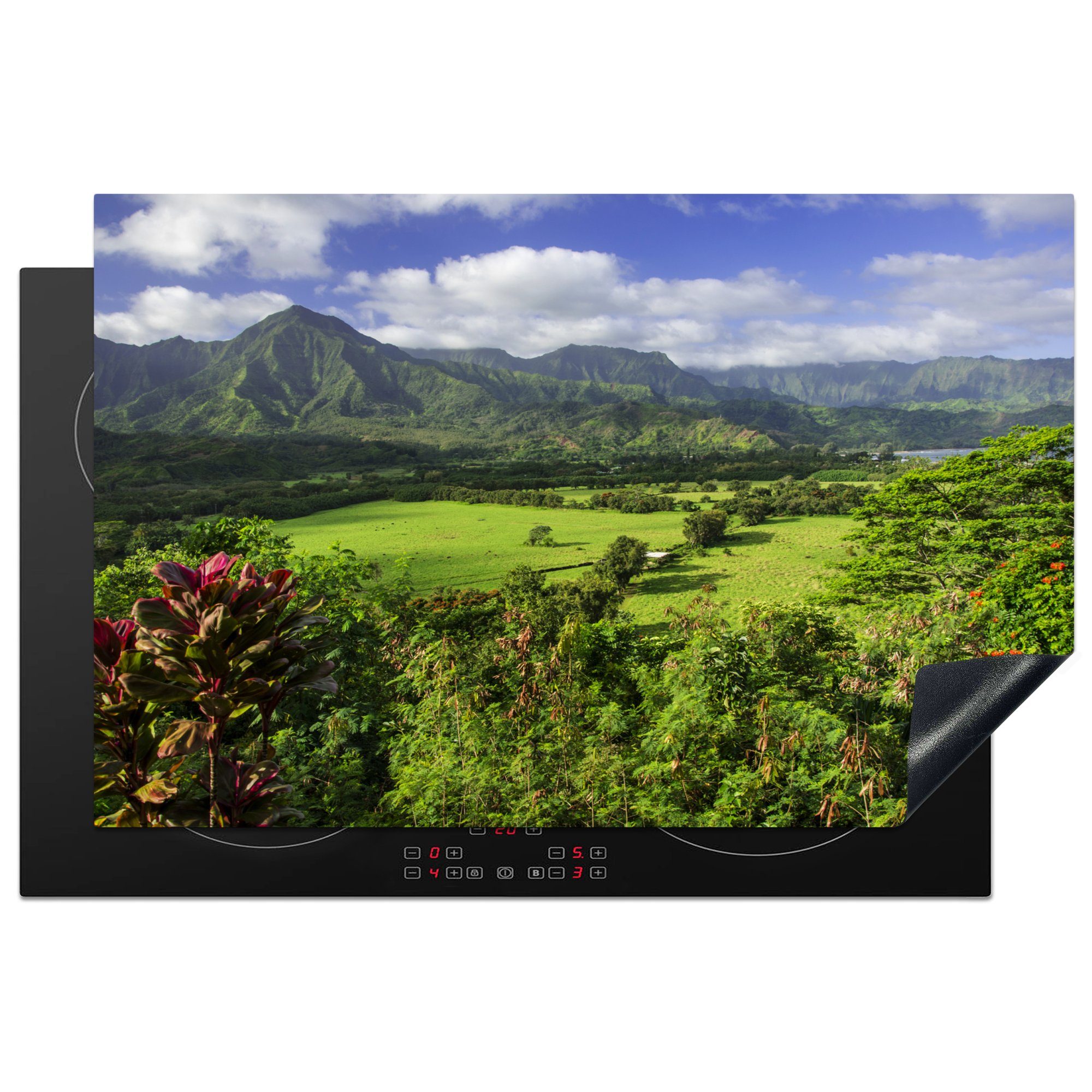 MuchoWow Herdblende-/Abdeckplatte Grüne Landschaft auf Hawaii, Vinyl, (1 tlg), 81x52 cm, Induktionskochfeld Schutz für die küche, Ceranfeldabdeckung