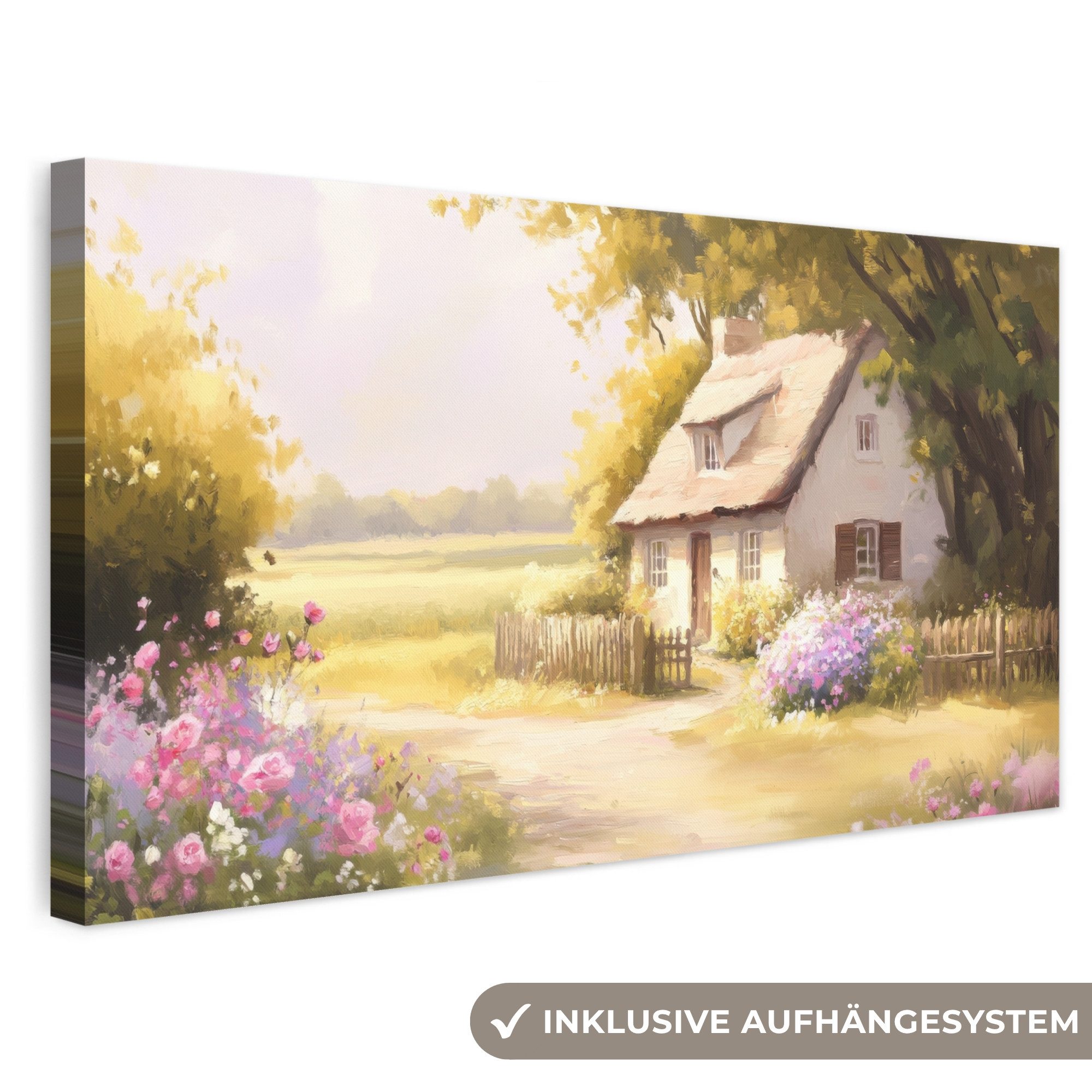 OneMillionCanvasses® Leinwandbild Panorama Landhaus - Holz - Blumen, Fotodruck (1 St), Wandbild, Deko Schlafzimmer Wohnzimmer Flur 40x20 cm