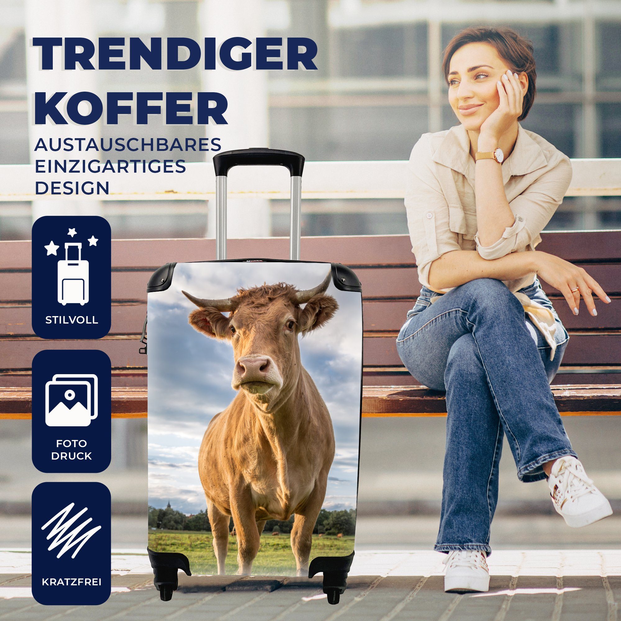 Reisetasche Handgepäckkoffer rollen, Reisekoffer 4 mit Ferien, Rollen, Trolley, - MuchoWow Handgepäck Braun Kuh für Natur, -